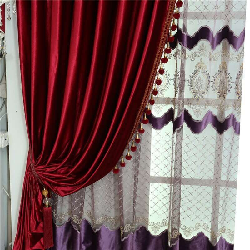 Mila Classic Plain Velvet Curtains with Pom Pom Lace Trim - Barn Red - Elegant Window Treatments for Living Room, Bedroom & Home Decor