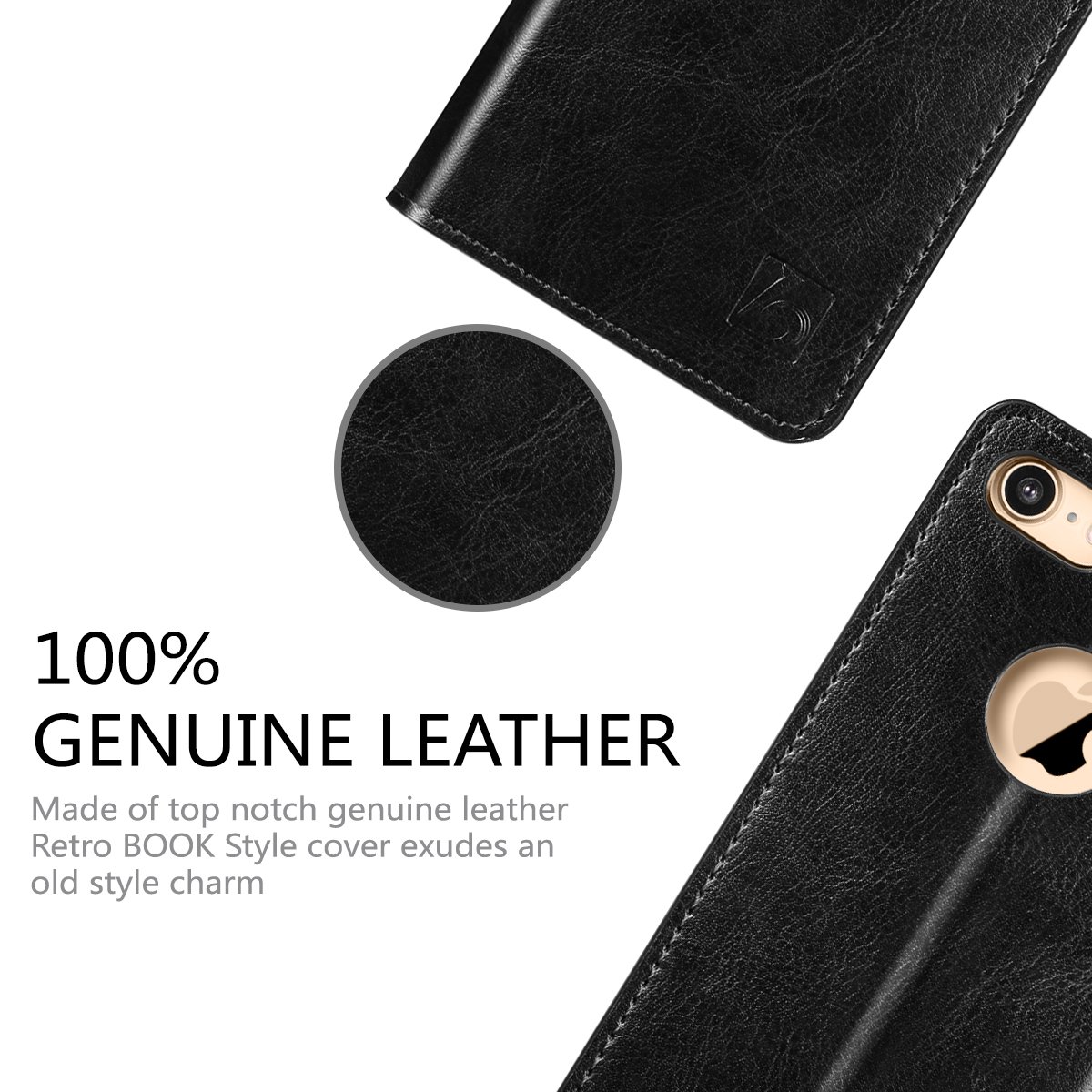 Belemay Genuine Cowhide Leather Wallet Case for iPhone 8 - RFID Blocking Flip Cover with Card Holder Slots, Kickstand & Cash Pocket (Black) | Perfect for Business Travel, Daily Commute & Hands-Free Viewing