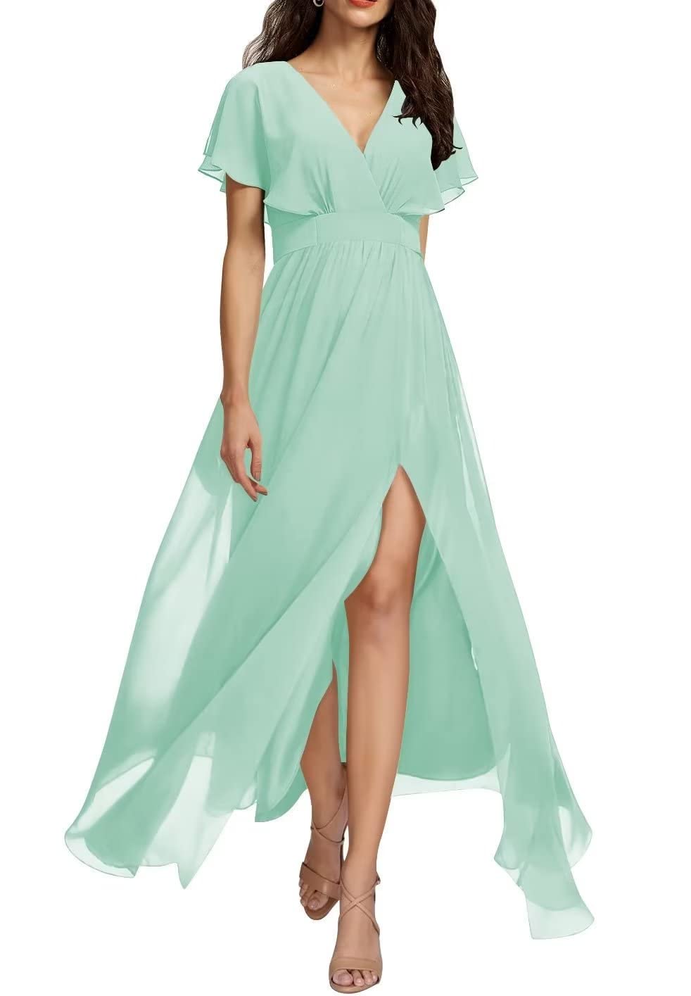 Elegant Mint Green V-Neck Chiffon Bridesmaid Dress with Side Slit & Pockets - Formal Evening Gown for Weddings, Prom & Special Occasions