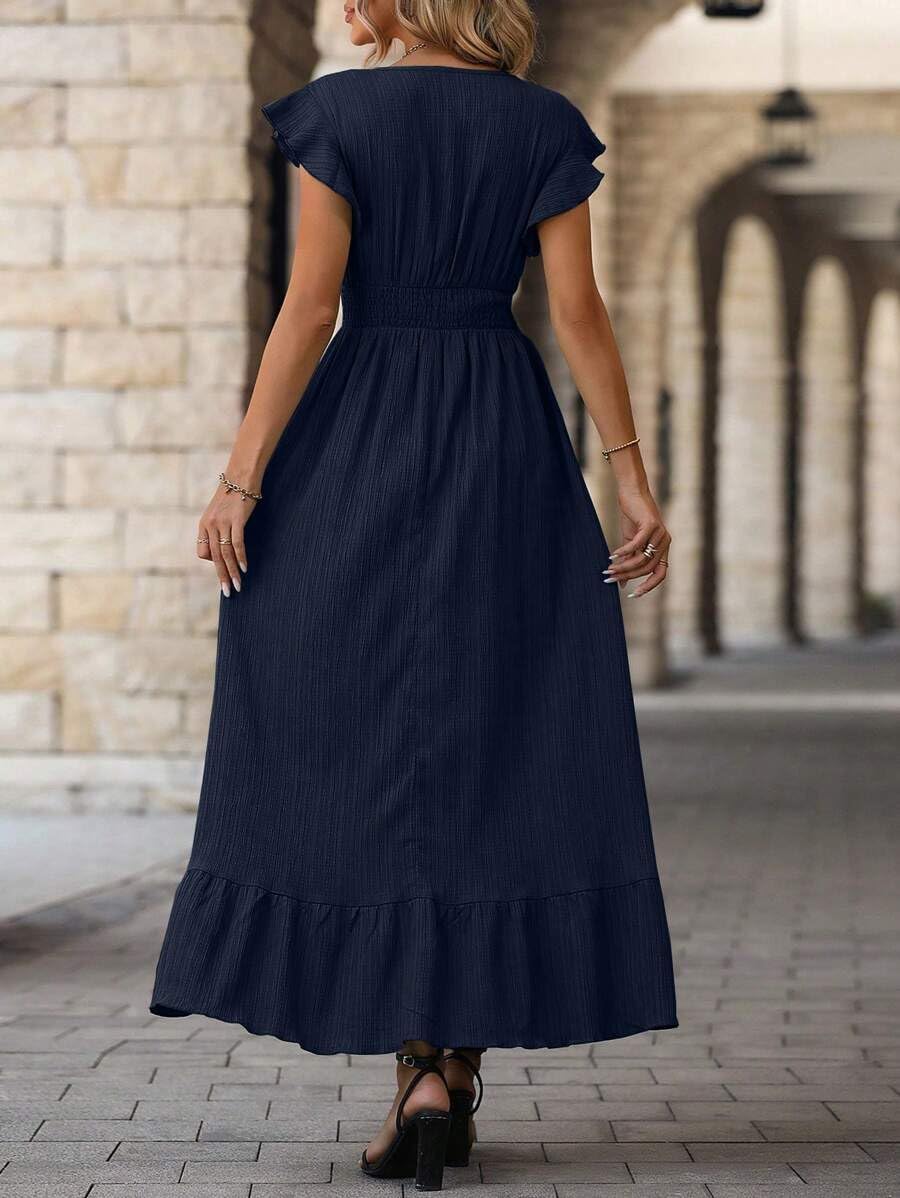 Women's Casual V-Neck Wrap Maxi Dress with Ruffle Sleeves - Flowy High Waist Summer Dress for Beach, Party & Everyday Wear