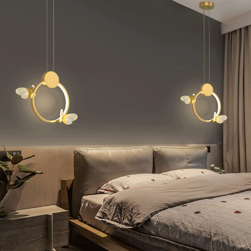 Creative Metal Ring Pendant Lamp with Acrylic Butterfly - 24W Modern LED Hanging Light, Minimalist Gold Ceiling Fixture for Dining Room, Bedroom & Living Room Decor - Energy Efficient Dimmable Lighting for Home & Cafe