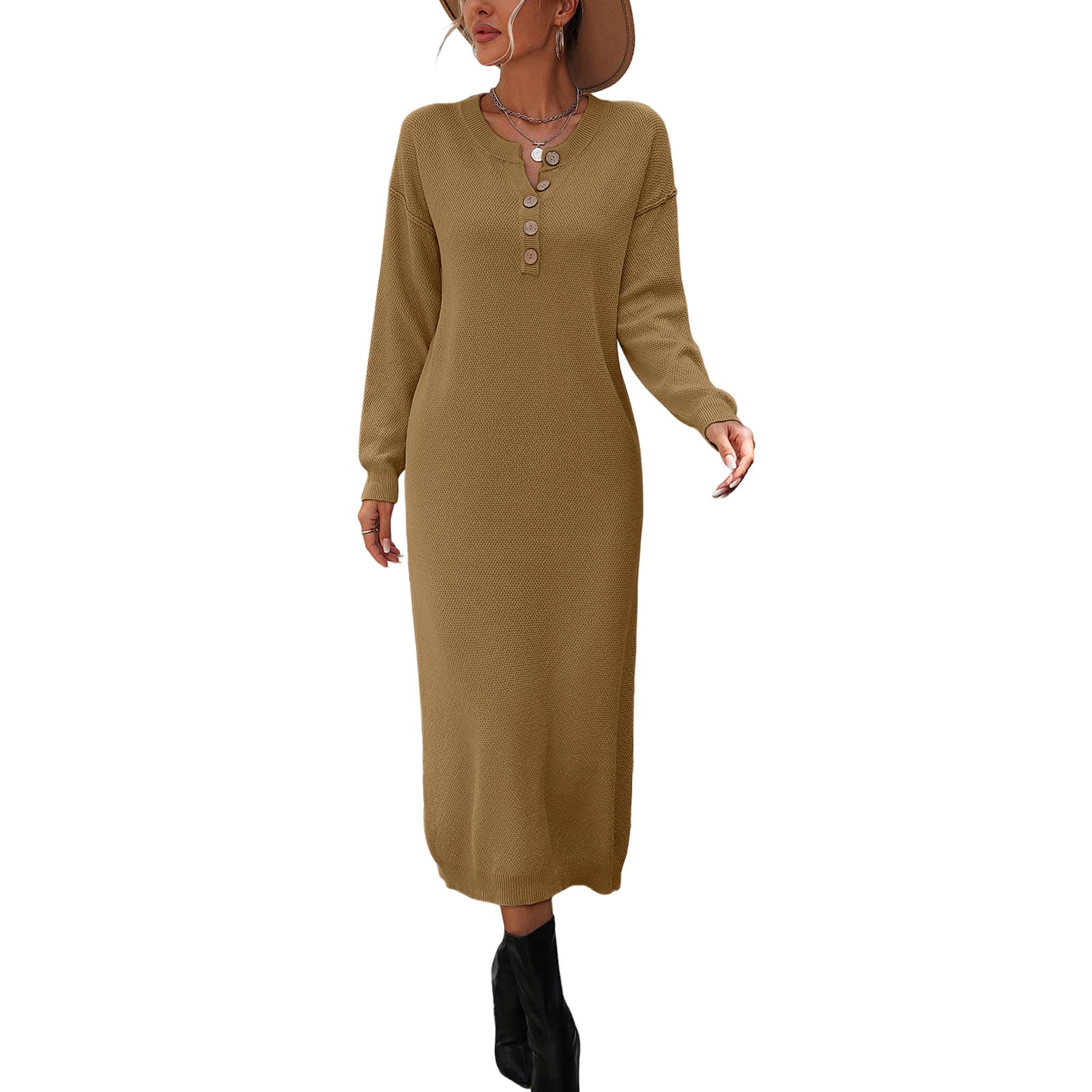 Women's Oversized V-Neck Button Long Sleeve Sweater Dress - Casual Loose Waffle Knit Maxi Pullover for Fall Winter Fashion | Perfect for Office, Date Night & Cozy Home Wear