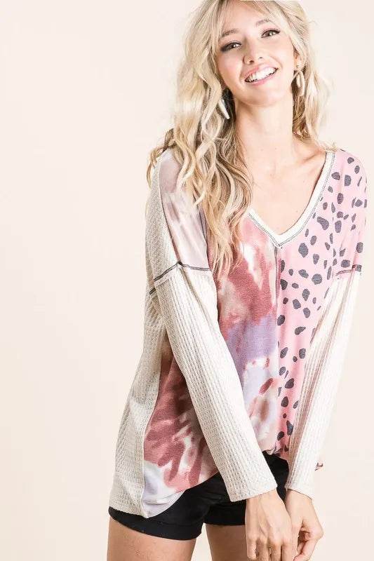 Bibi Print Block V-Neck Top with Contrast Stitching in Blush Pink | Women's Fashion Blouse for Casual Wear, Office Outfits & Date Nights