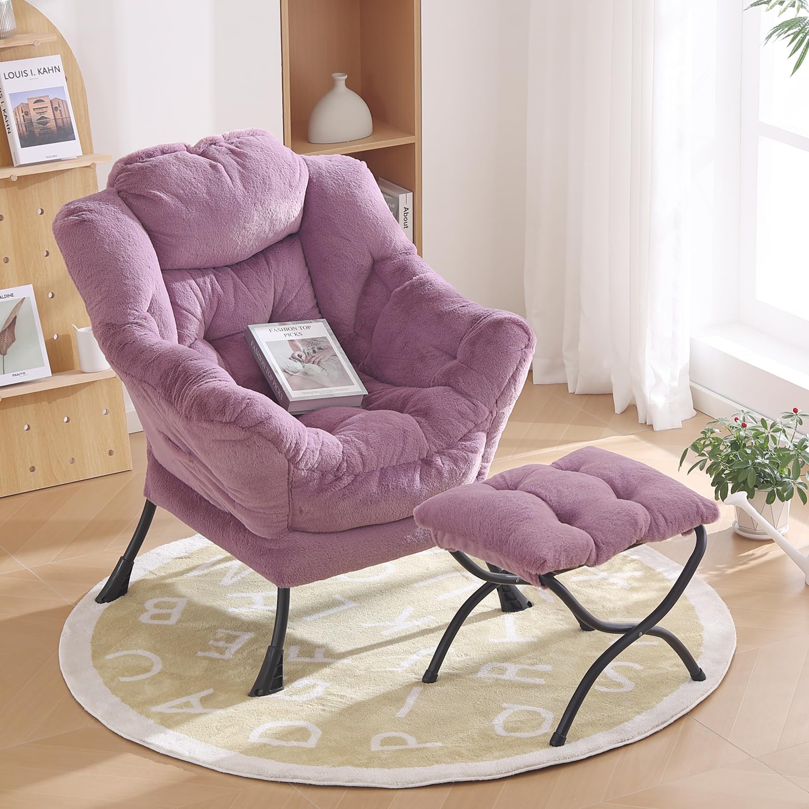 Oversized Lounge Chair with Ottoman - Modern Accent Chair with Folding Footrest, Plush Purple Reading Chair for Bedroom, Study & Living Room - Perfect for Relaxing, Reading & Small Space Decor
