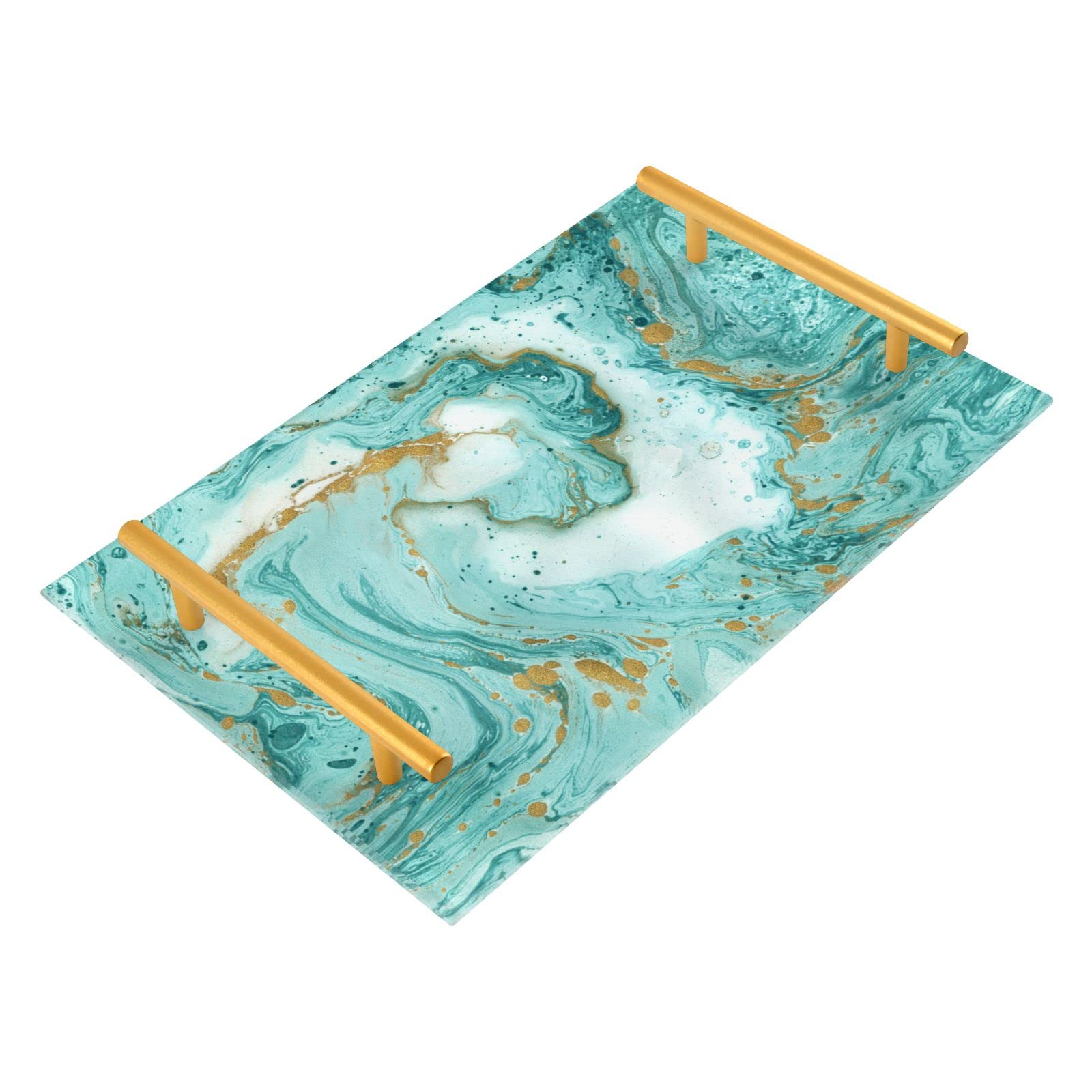 Turquoise and Gold Marble Serving Tray with Handles - Decorative Vanity Tray for Bathroom Counter, Kitchen, Farmhouse Coffee Table | Perfect for Jewelry & Perfume Organization, Home Decor Gift