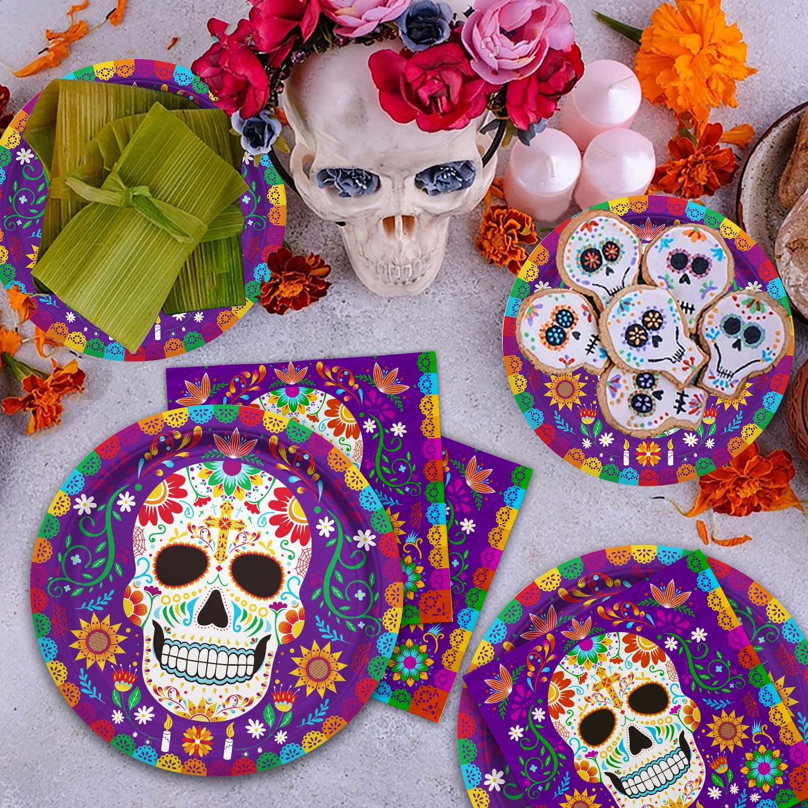 Day of the Dead Party Supplies Kit for 25 Guests - Disposable Sugar Skull Dinner Plates, Dessert Plates, Napkins, Cups & Tablecloth - Día de los Muertos Themed Party Decorations | Perfect for Halloween Celebrations, Mexican Cultural Events & Festive Gatherings