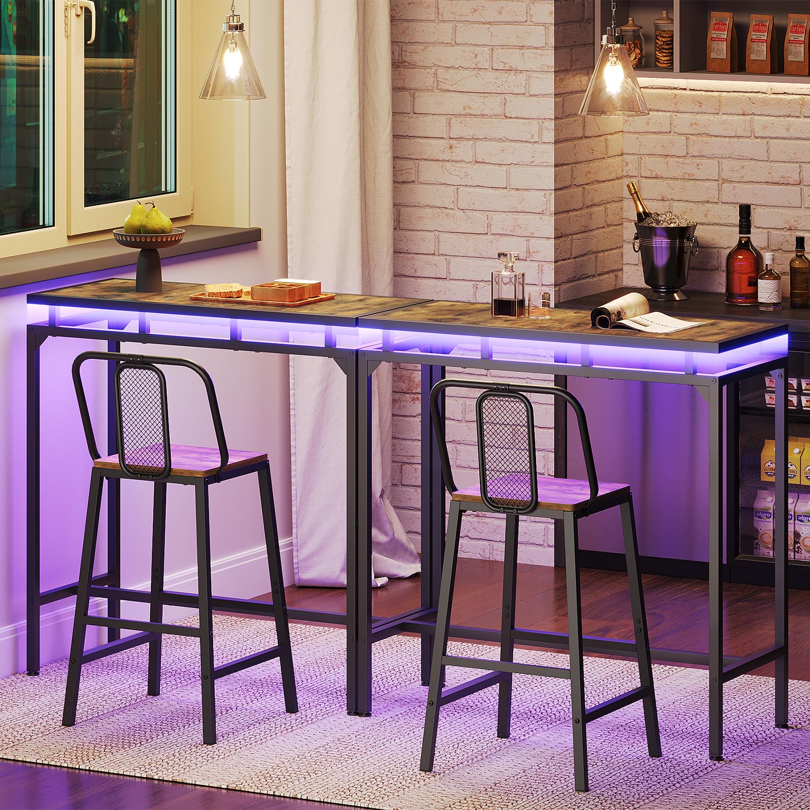 LED Bar Table with Metal Frame - Counter Height Pub Table for Living Room, Dining Room & Game Room - Rustic Brown & Black BT01DBR - Perfect for Entertaining, Gaming & Home Decor