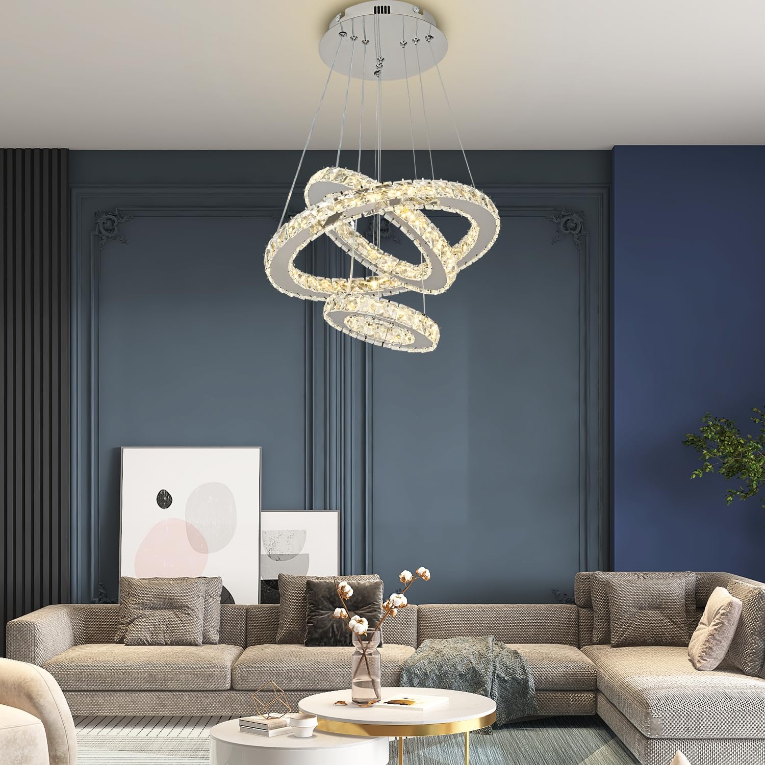 Naoeoon Modern LED Crystal Chandelier - 48W Dimmable Pendant Light with 3 Crystal Rings, 3000K-6500K Color Temperature, 9100LM Brightness for Dining Room, Kitchen Island & Foyer Lighting