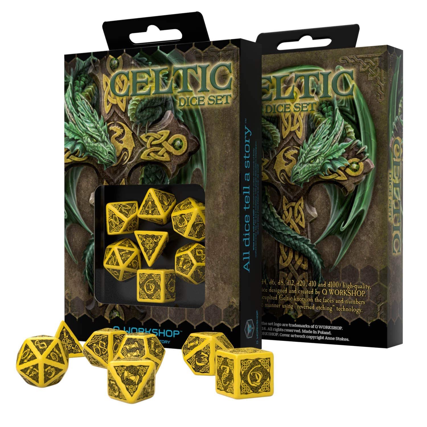 Celtic 3D Revised Yellow & Black Dice Set of 7 Pieces - Premium Polyhedral RPG Dice for Dungeons & Dragons, Pathfinder & Tabletop Games - Perfect for D&D Players, Collectors & Board Game Enthusiasts