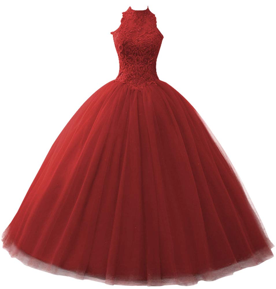 Elegant High Neck Ball Gown Quinceañera Dress - Tulle Formal Evening Gown with Lace Details for Prom, Homecoming, Wedding & Special Occasions