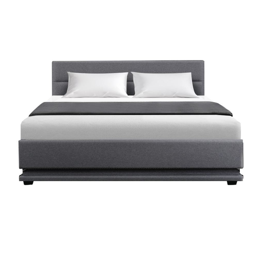 Henley Queen Size Gas Lift Storage Bed Frame with LED Lights - Grey Upholstered Platform Bed for Modern Bedroom, Guest Room, or Small Space