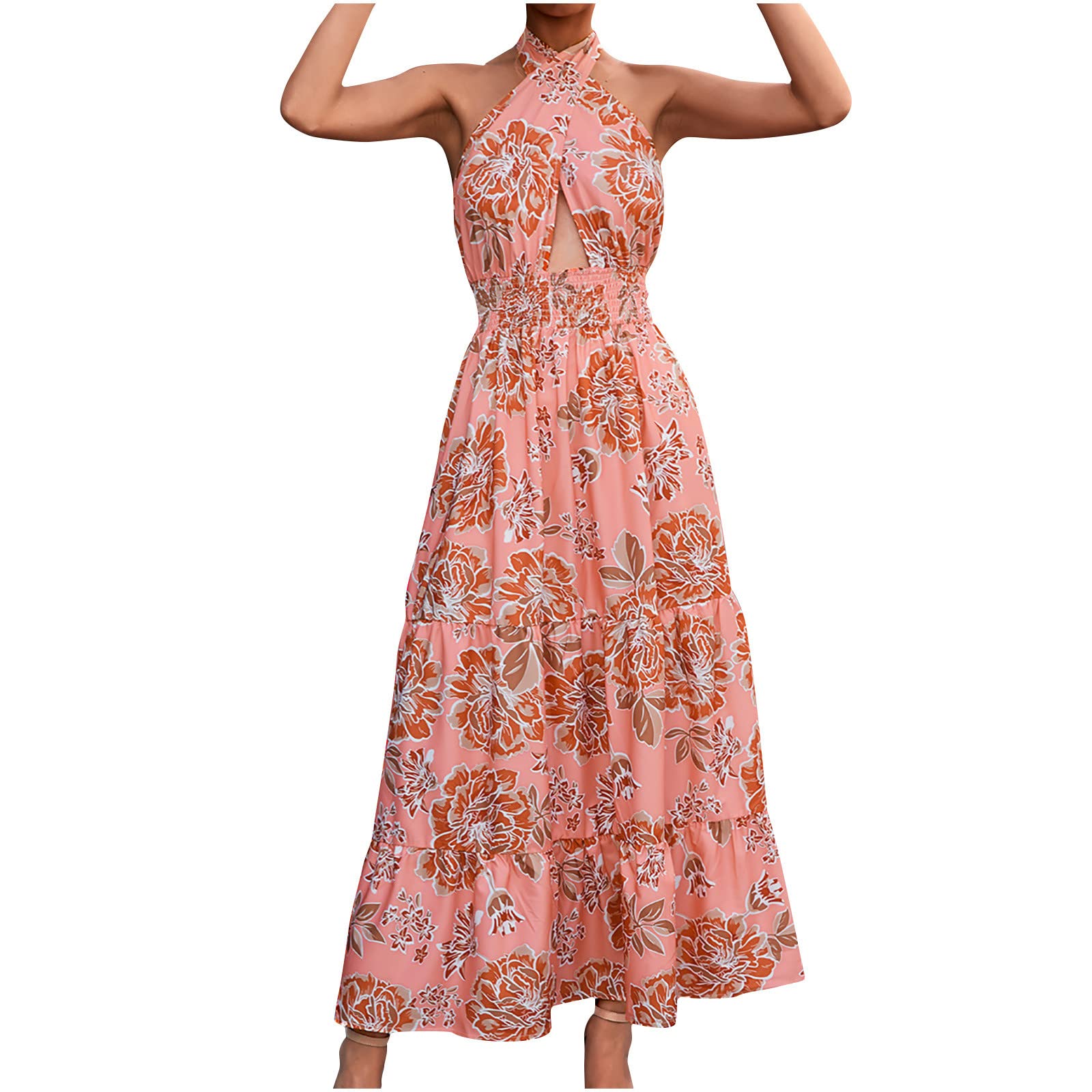 Boho Backless Floral Print Women's Halter Maxi Dress - Sleeveless Summer Beach Swing Dress for Vacations, Parties & Outdoor Events