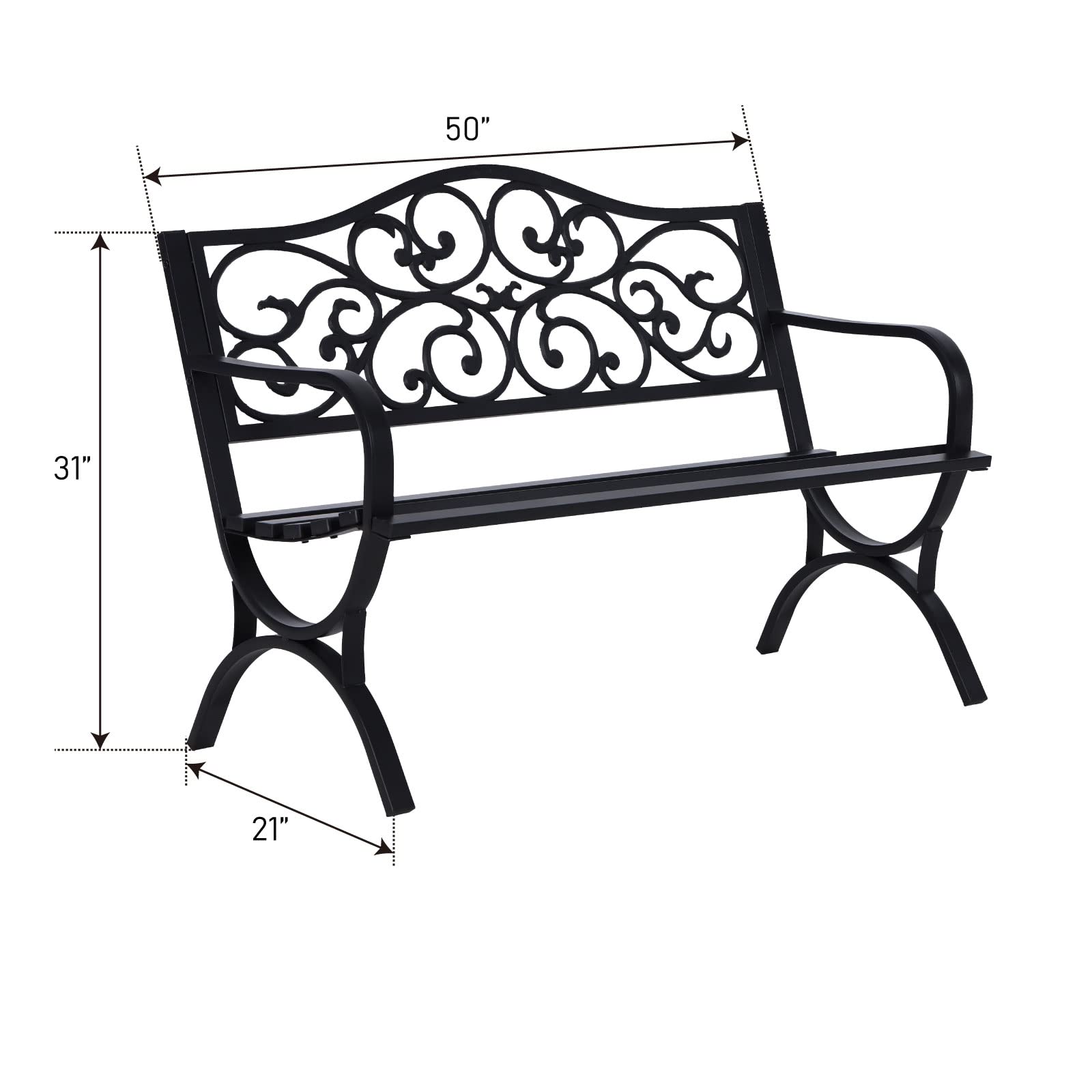 MFSTUDIO 50 Inch Outdoor Garden Bench - Heavy Duty Cast Iron Metal Patio Bench with Floral Pattern Backrest & Arch Legs - Perfect for Porch, Lawn, Garden, Yard, Park (Black) | Durable Outdoor Seating for Relaxing in Your Backyard or Public Spaces