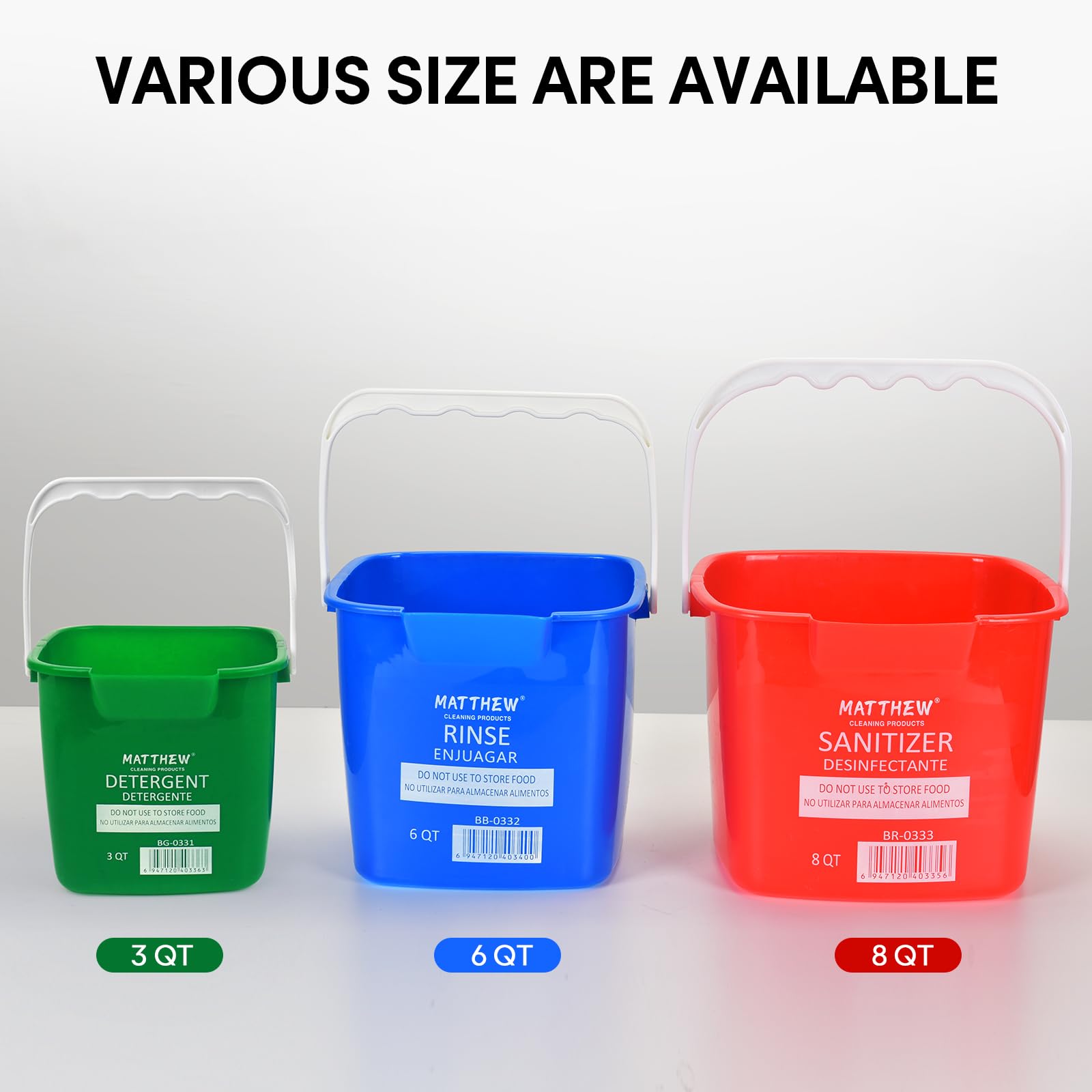 3-Piece Detergent & Sanitizing Bucket Set - Red/Green/Blue - 3Qt with Spout & Microfiber Cloths for Kitchen & Bathroom Cleaning