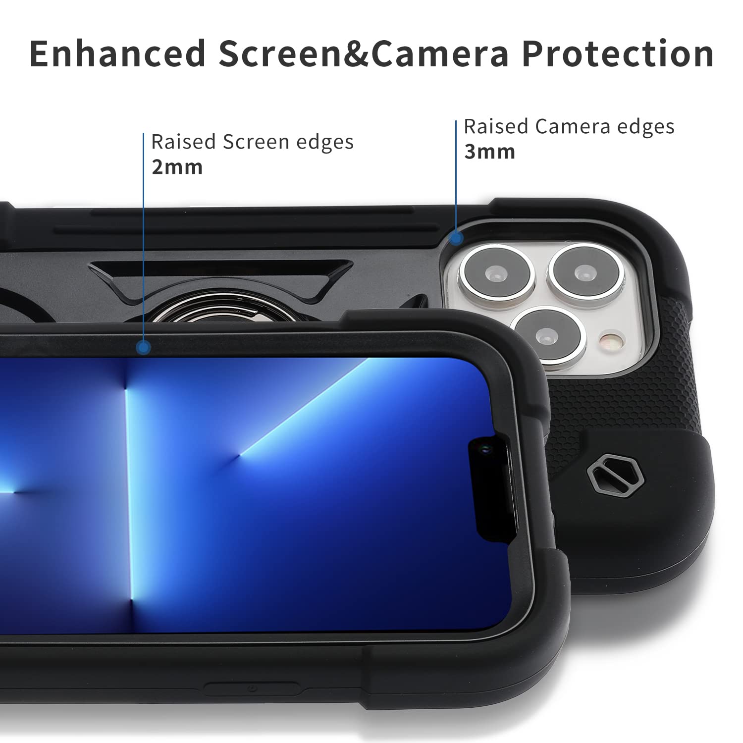 Premium Shockproof iPhone 13 Pro Max Case 6.7 Inch with Ring Stand - Includes 2 Pack Tempered Glass Screen Protector + Camera Lens Protector | Heavy Duty Protective Cover for iPhone 13 Pro Max (Black) | Perfect for Outdoor Activities, Travel & Daily Use