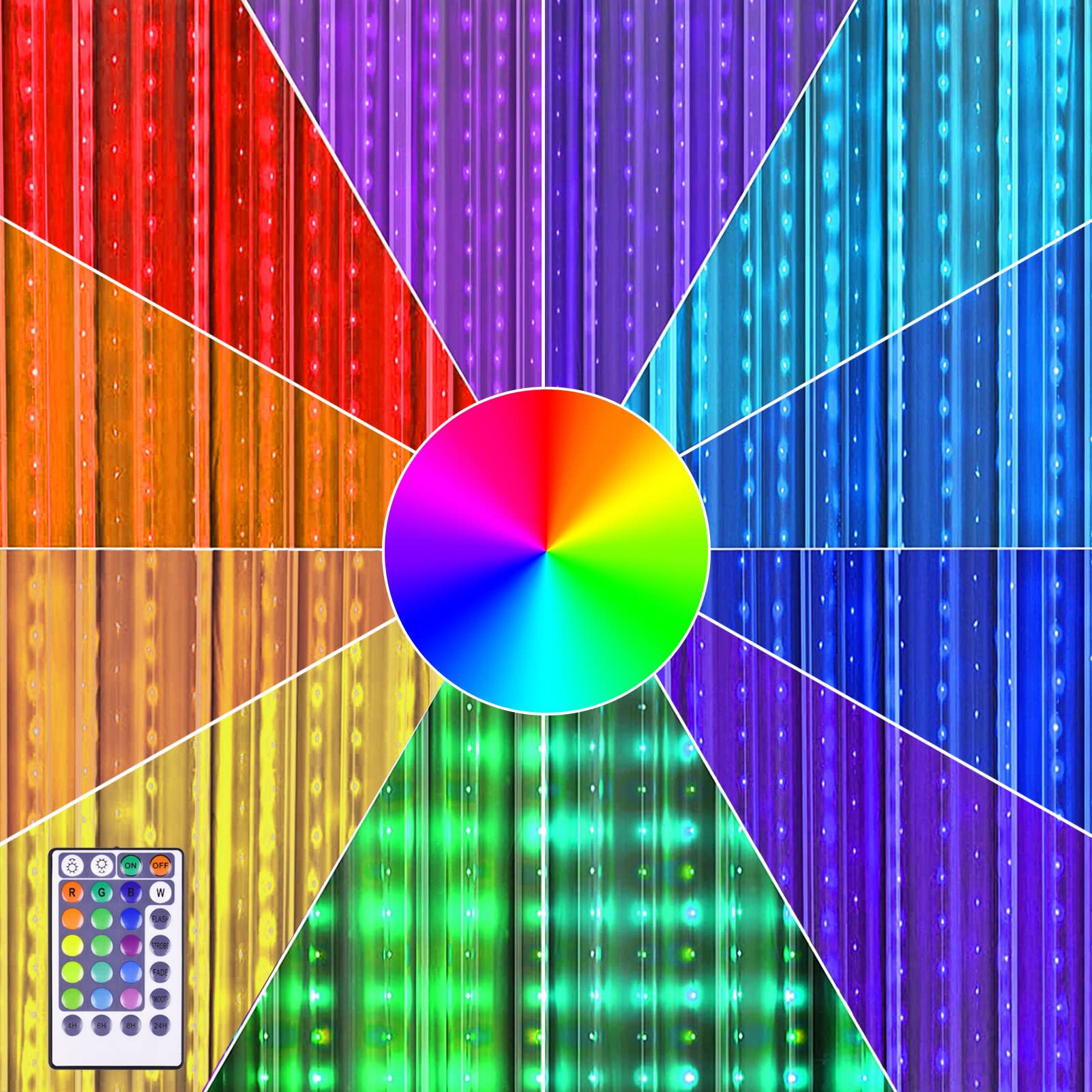 16-Color Changing Fairy Curtain Lights with Remote Control - 4 Lighting Modes for Christmas, Wedding, Party & Room Decoration - Waterproof Rainbow Backdrop Lights for Bedroom, Garden, Patio and Outdoor Decor