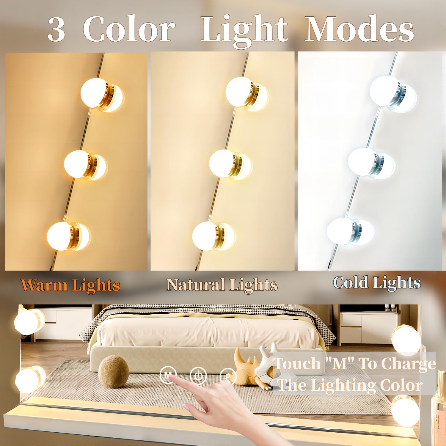 Vanity Mirror with Lights - 17 Dimmable LED Bulbs, 3 Color Lighting Modes, Detachable 10X Magnification, Touch Control (23.6x19.7 Inch, White) - Perfect for Makeup Application, Skincare Routine, and Professional Salon Use