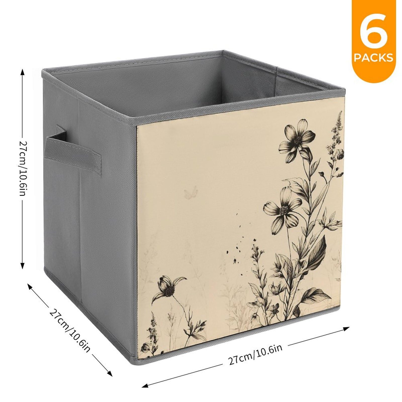 6-Pack Collapsible Storage Bins with Handles - Beige Floral Design Foldable Storage Boxes for Home Organization, Shelves, Closet & Pantry | Space-Saving Home Decor & Multipurpose Storage Solutions