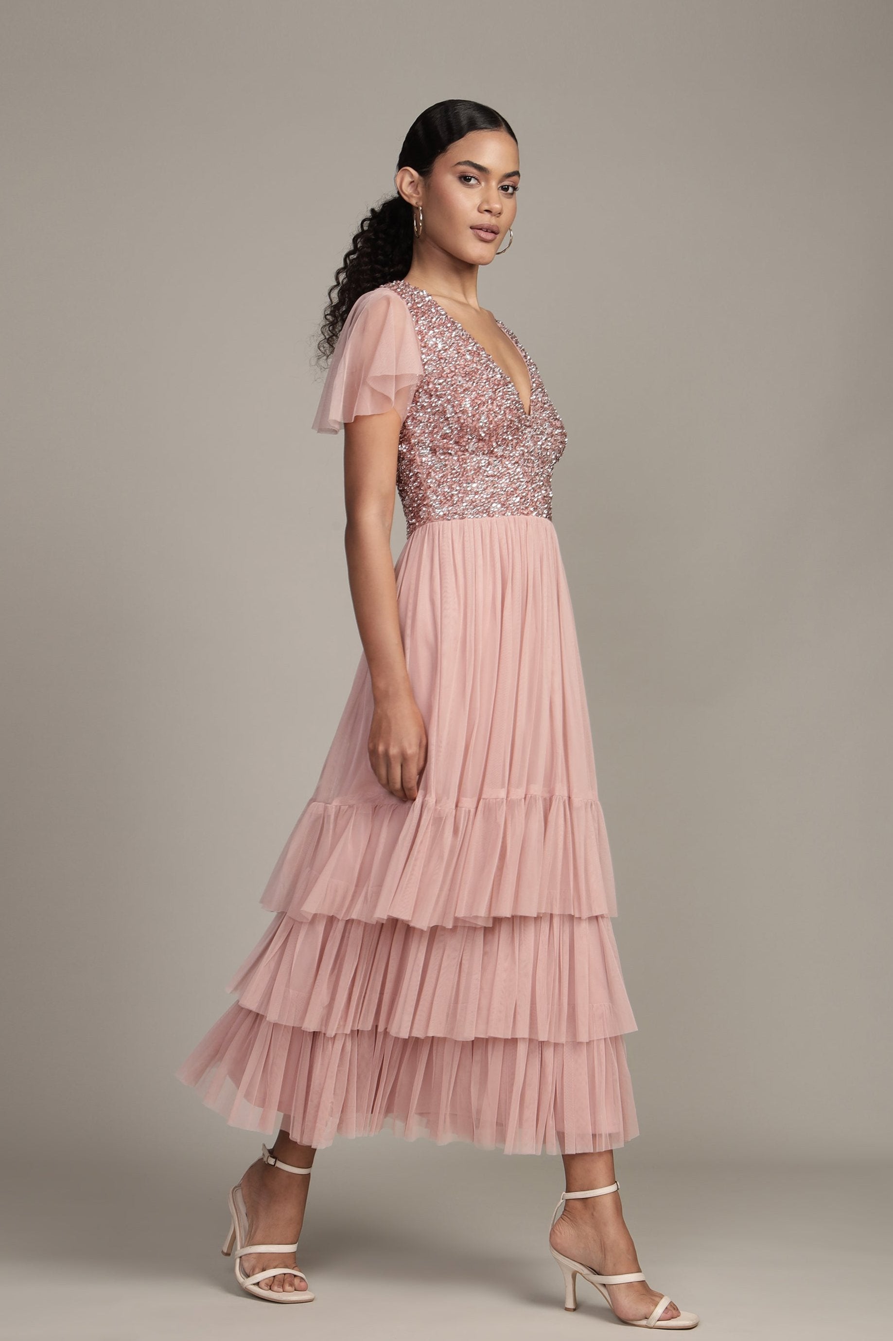 Maddie Embellished Midi Dress in Dusty Pink - Elegant Floral Lace Party Dress for Weddings, Cocktails & Special Occasions