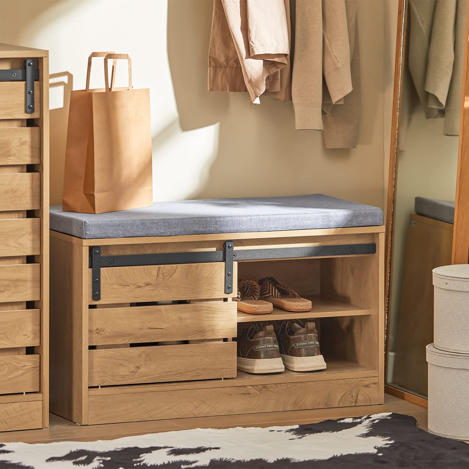 Haotian FSR120-N Industrial Farmhouse Storage Bench with Sliding Barn Door & Padded Seat Cushion - Entryway Bench, Shoe Storage Cabinet, Mudroom Bench for Hallway, Living Room & Bedroom Organization