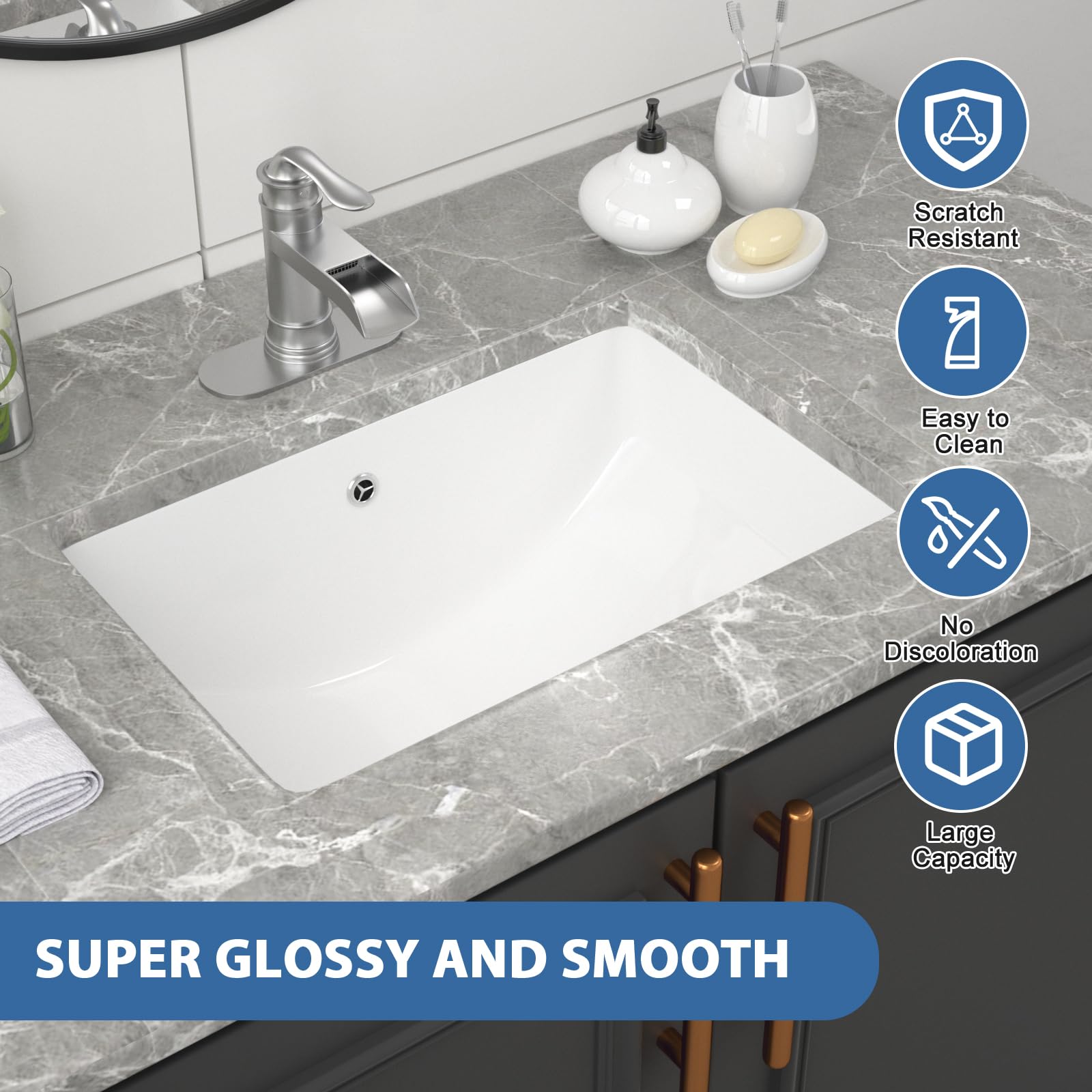 21 x 15 Inch Undermount White Ceramic Rectangular Bathroom Sink with Overflow - Modern Vessel Vanity Basin for Contemporary Bathrooms & Powder Rooms