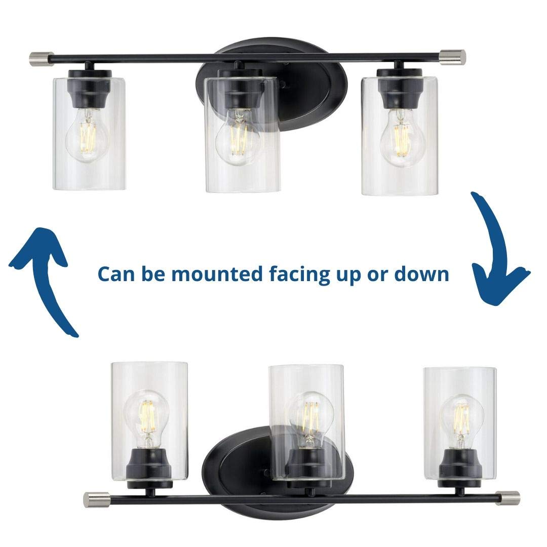 Progress Lighting Riley Collection 3-Light Clear Glass Modern Bathroom Vanity Light Fixture in Matte Black - Perfect for Contemporary Bathroom Makeovers & Spa-Like Ambiance