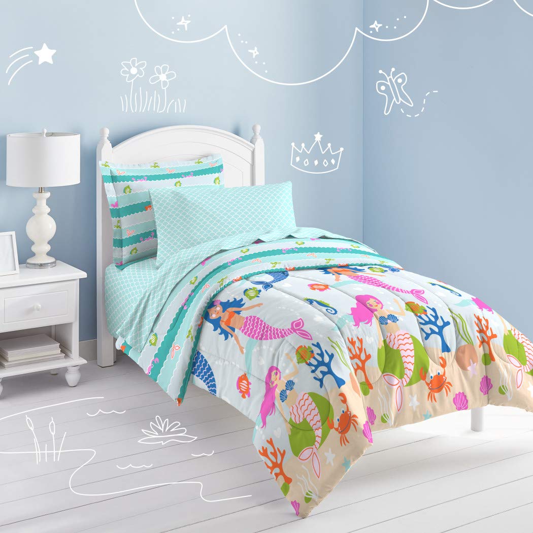 5-Piece Mermaid Comforter Set for Kids - Twin Size, Teal Blue & Pink Underwater Ocean Theme with Coral, Crab, Seashells & Seahorse Design, Soft Microfiber Polyester - Perfect for Girls' Bedroom Decor & Themed Sleepovers
