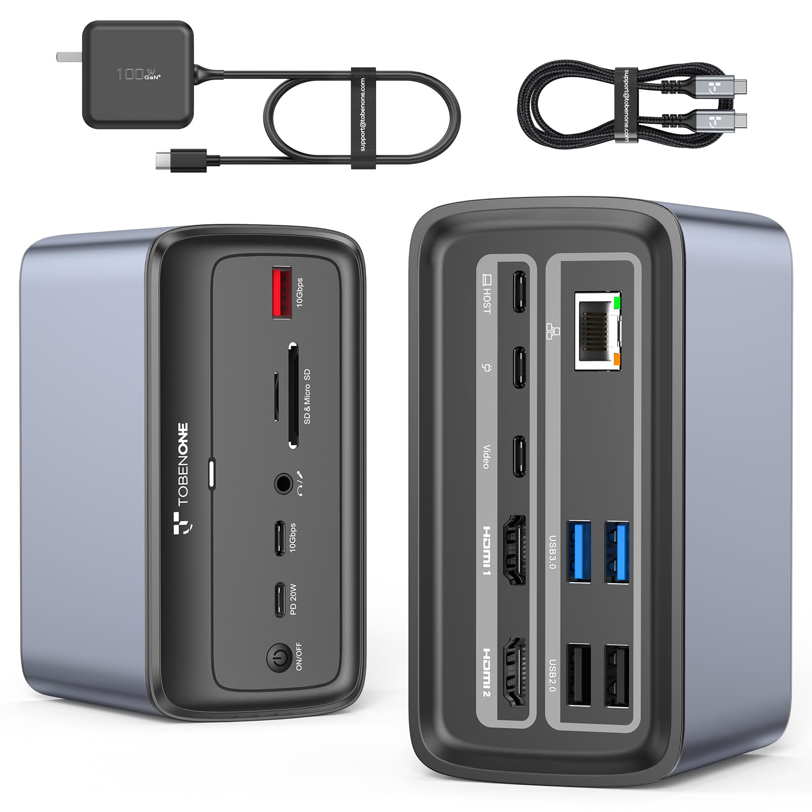 TobenONE 16-in-1 USB C Docking Station with 100W GaN III Charger - Dual 4K HDMI, Triple Display, 7 USB Ports, SD/TF Card Reader, RJ45 Ethernet - Compatible with Thunderbolt 4/3 & USB C Windows Laptops - Perfect for Home Office, Gaming & Multi-Tasking Workspaces