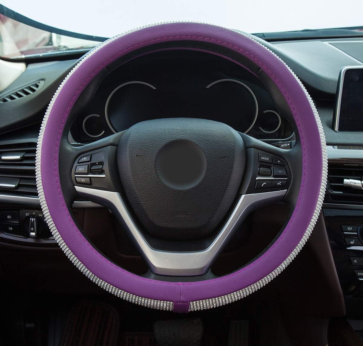 Diamond Rhinestone Leather Steering Wheel Cover - Universal 15 Inch Fit, Bling Bling Crystal Design for Women & Girls (Purple) - Luxury Car Accessory for Daily Driving & Gift Giving