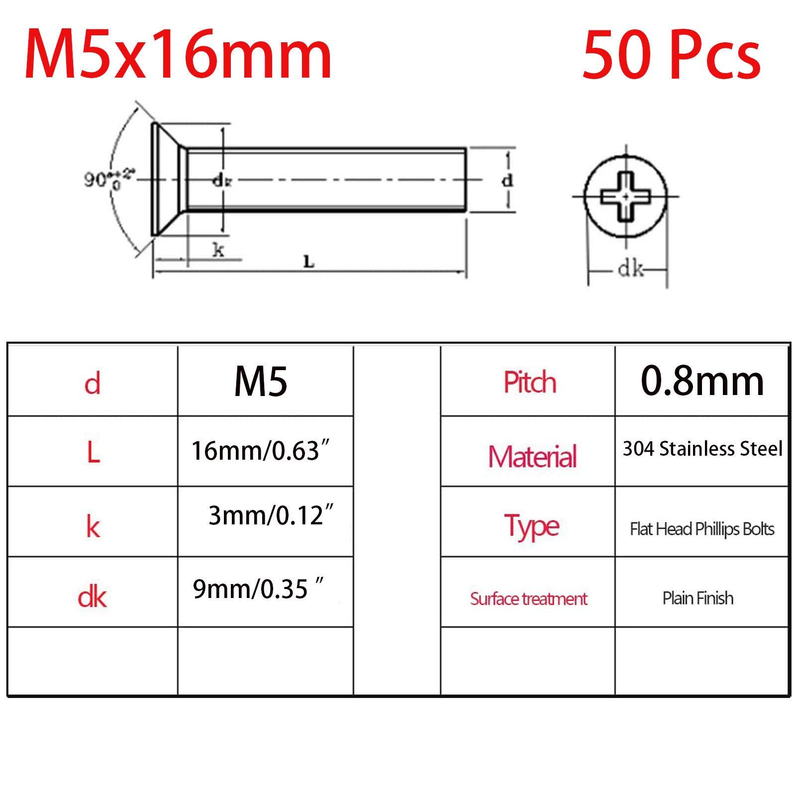 50 Pcs M5-0.8x16mm 304 Stainless Steel Flat Head Machine Screws - DIY & Furniture Assembly