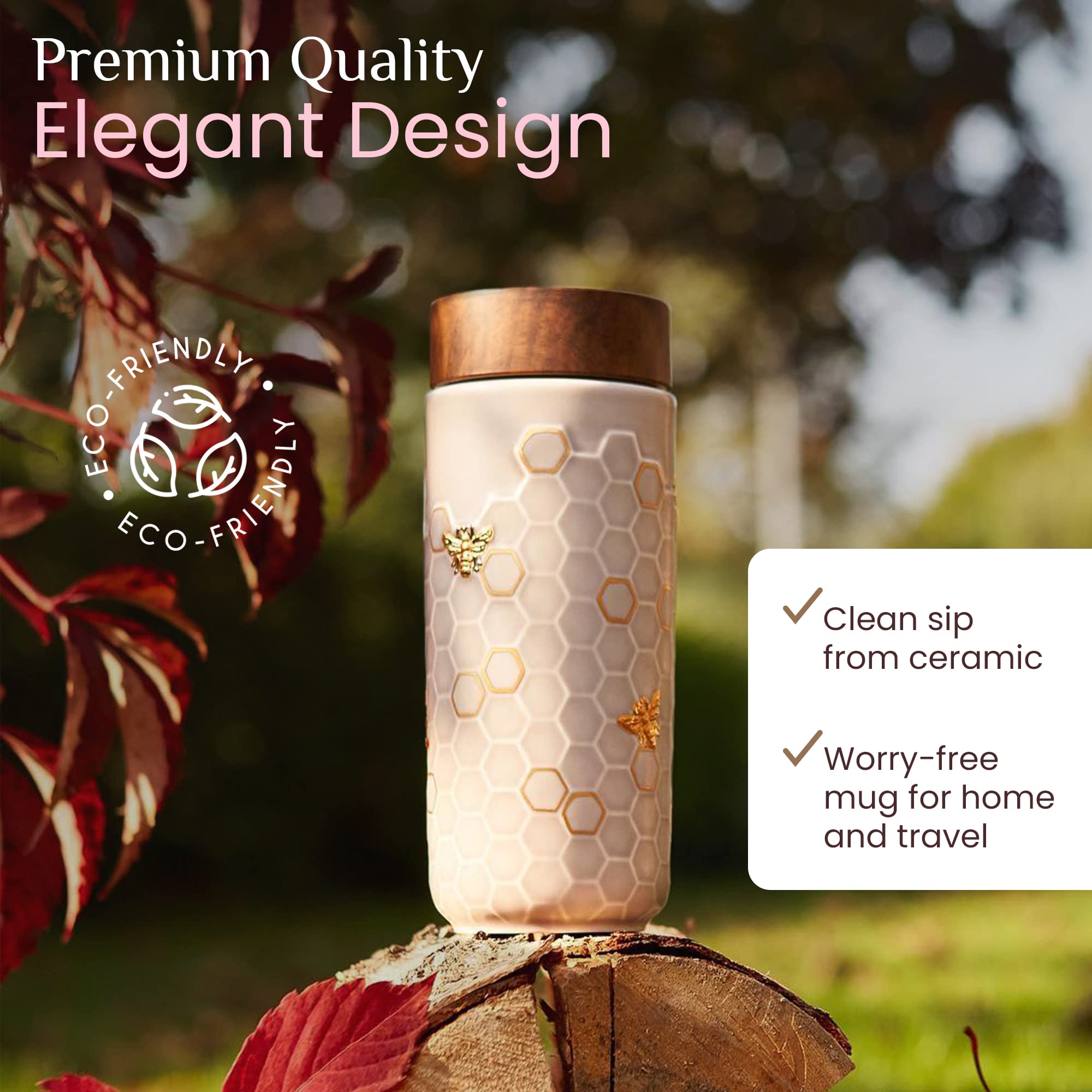 ACERA Liven Honey Bee Ceramic Travel Mug - 16oz Insulated Tumbler with Leak-Proof Lid, Double-Walled Ceramic Coffee Cup for Tea, Juice & Hot/Cold Drinks - Pink & Gold Design - Perfect for Office, Travel & Outdoor Activities