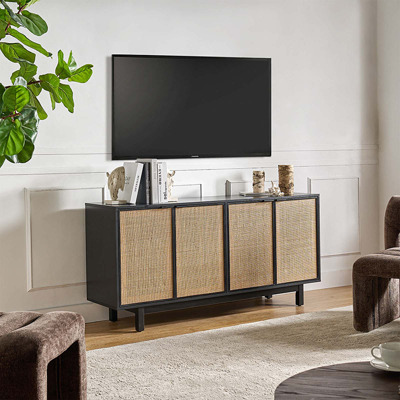 Otmar 63-Inch Wide Natural Rattan Mesh Sideboard with Storage - Multi-Purpose Buffet Cabinet for Dining Room, Living Room, or Entryway - Perfect for Home Decor and Organizing Dishes, Linens & More