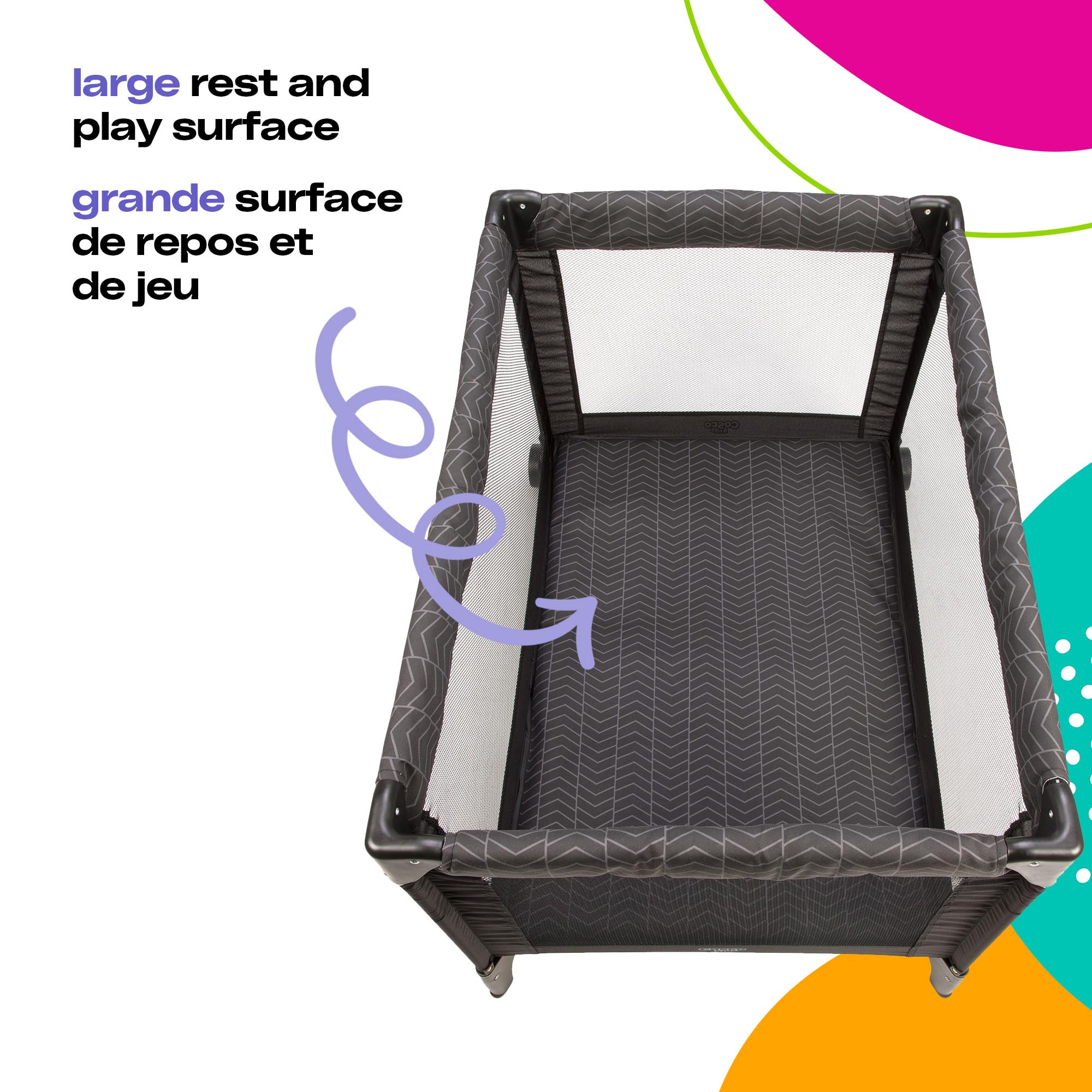 Cosco Funsport Deluxe Playard - Portable Baby Playpen with Bassinet Mode, Compact Fold & Travel Bag Included for Indoor & Outdoor Use | Perfect for Travel, Home Nursery, Park & Beach (Black Arrow)