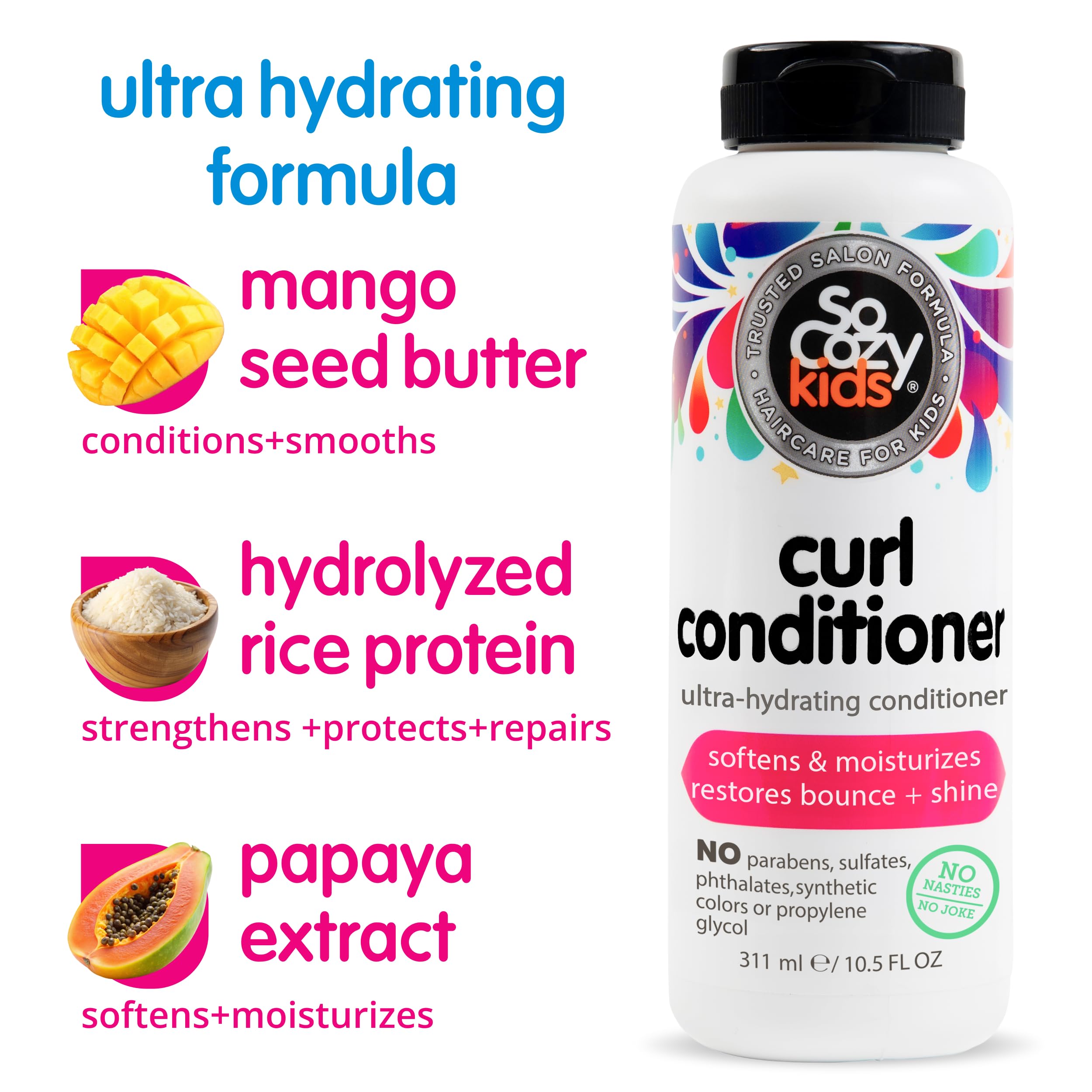SoCozy Kids Curly Hair Conditioner - 10.5 Fl Oz (Pack of 2) | Moisturizing & Detangling for Dry, Frizzy Curls | Mango Butter, Rice Protein & Papaya Extract | Paraben-Free | Perfect for Daily Hair Care & Post-Swim Treatment