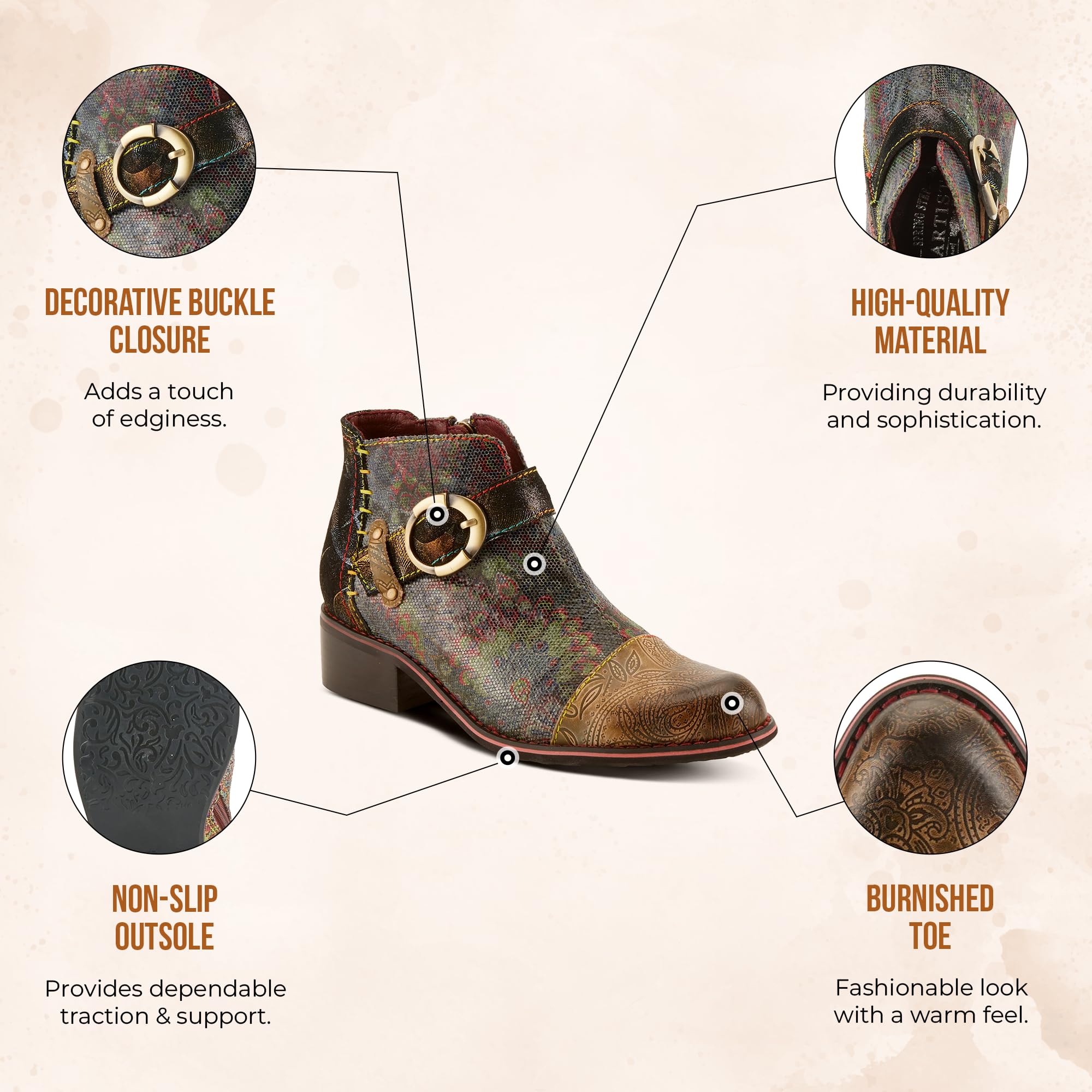 Spring Step L'Artiste Georgiana Women's Ankle Boots - Hand-Painted Leather Booties with Side Zipper Closure - Comfortable Casual & Outdoor Fashion Footwear for Fall/Winter Seasons (Perfect for Work, Dating & Travel)