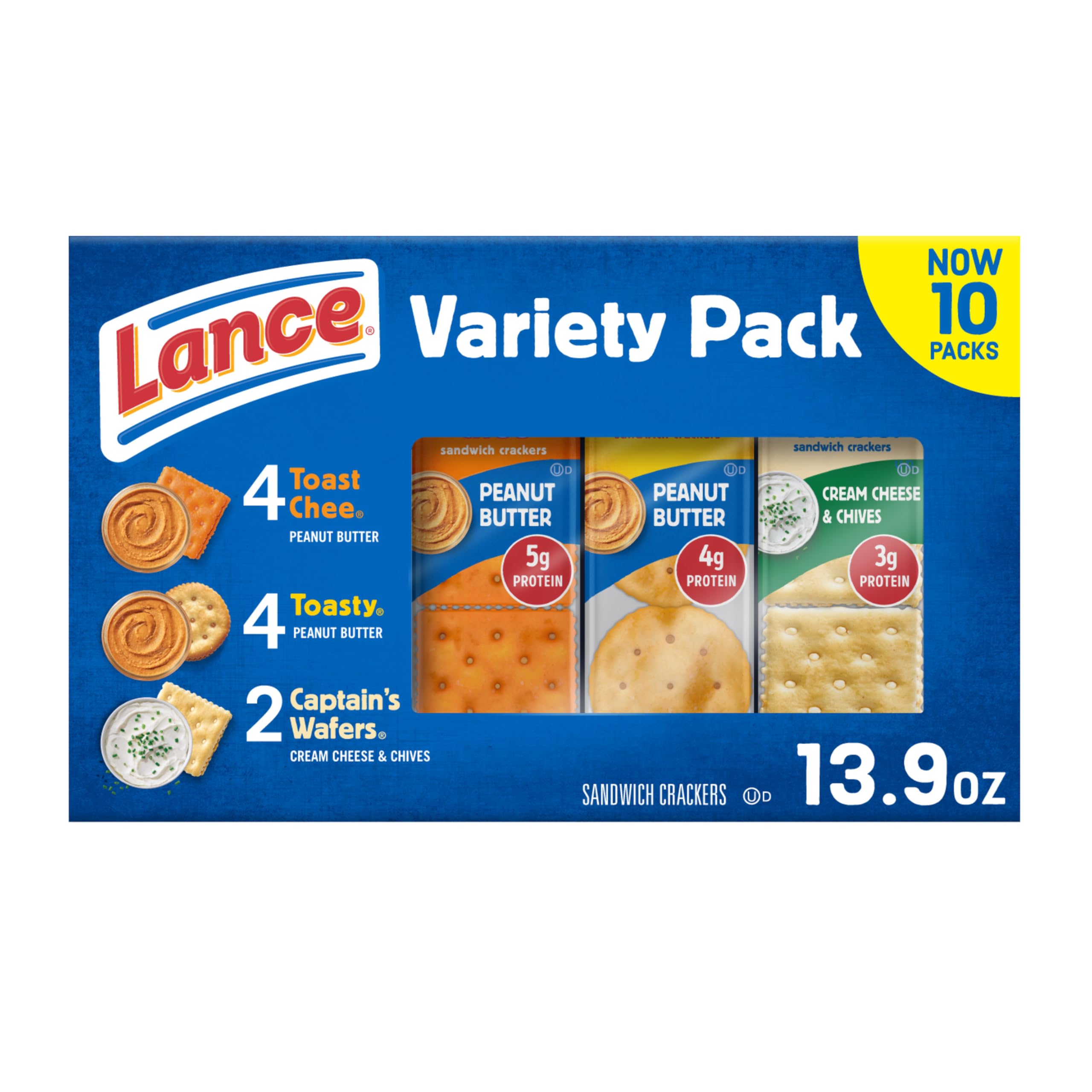 Lance Sandwich Crackers Variety Pack - 3 Flavors, 10 Individually Wrapped Packs (6 Sandwiches Each) | Perfect for Lunch Boxes, Office Snacks & Road Trips