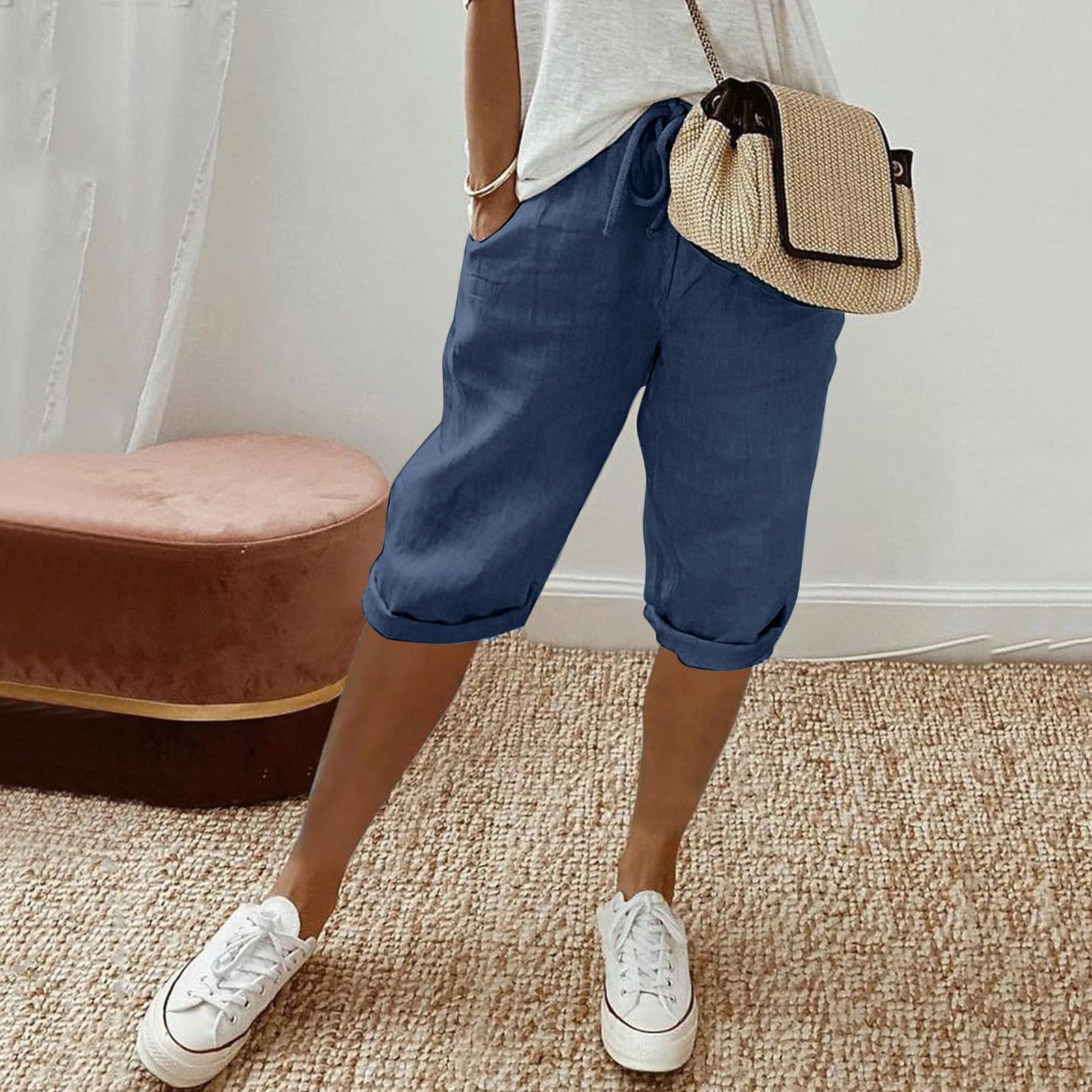 Women's Linen Bermuda Shorts - High Waisted Summer Casual with Drawstring | Plus Size Beach & Lounge Wear
