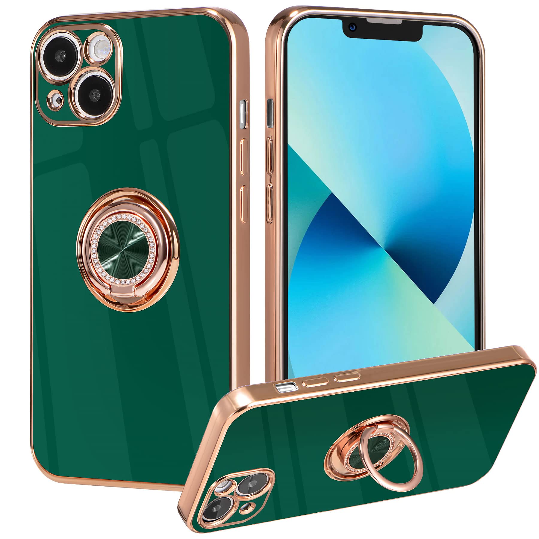 Premium TPU iPhone 14 Case with Ring Stand & Gold Trim - Shockproof Protective Cover for iPhone 14 (6.1 Inch) in Green | Perfect for Hands-Free Viewing, Secure Grip & Everyday Protection