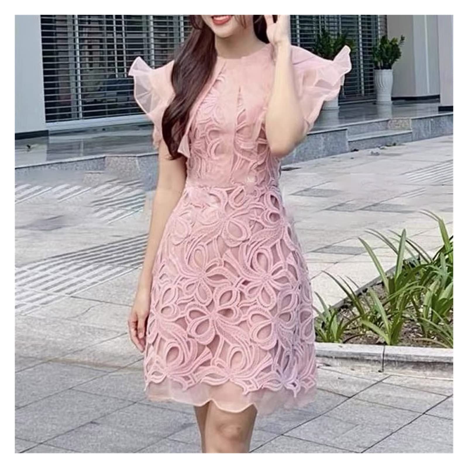 Vintage Lace Embroidery Bodycon Dress for Women - High Waist Hollow Out Mini Dress with Ruffle Sleeves (Pink, Size M) | Perfect for Cocktail Parties, Date Nights & Special Occasions