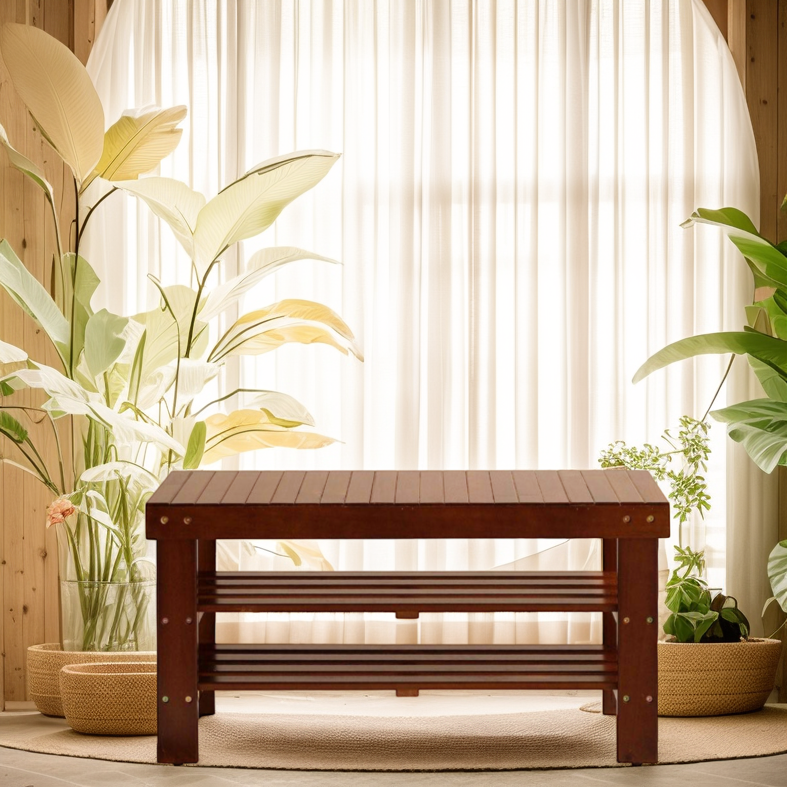 Roundhill Furniture Pina Solid Wood Shoe Bench with Storage - Cherry Finish - Entryway Organizer for Hallway, Bedroom & Mudroom
