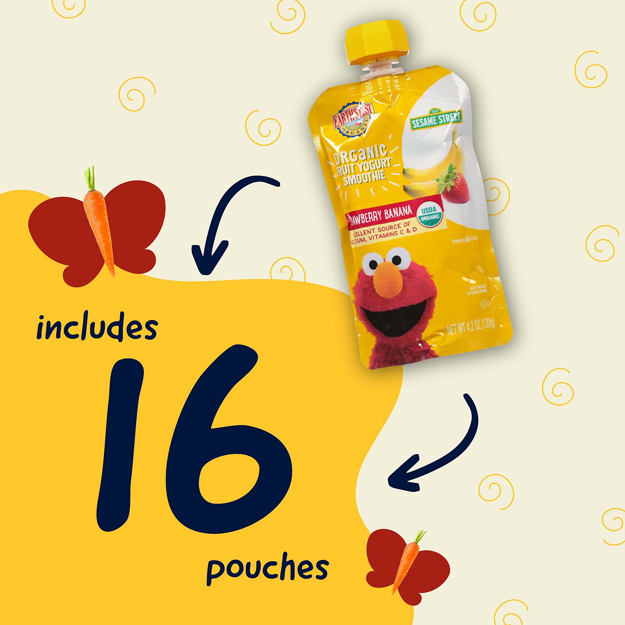 Earth's Best Organic Toddler Snacks - Sesame Street Yogurt Smoothie Pouches for Kids 2+ Years | Strawberry Banana Flavor | 4.2oz Resealable Packs (16 Count) | Healthy On-the-Go Snack for Daycare, Travel & Lunchboxes