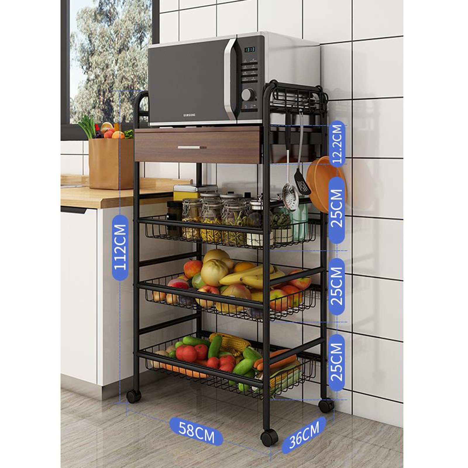 4-Tier Metal Rolling Storage Cart with Wheels - Kitchen Organizer Rack for Pantry, Living Room, Bathroom | Space-Saving Utility Cart for Home & Office Organization