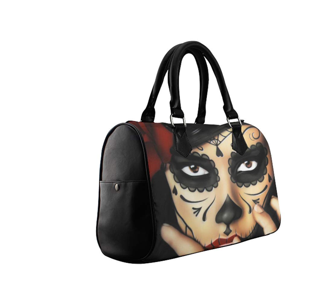 Day of the Dead Sugar Skull Women's Leather Handbag - Barrel Top Handle Satchel Shoulder Bag for Halloween, Dia de los Muertos & Gothic Fashion Accessories