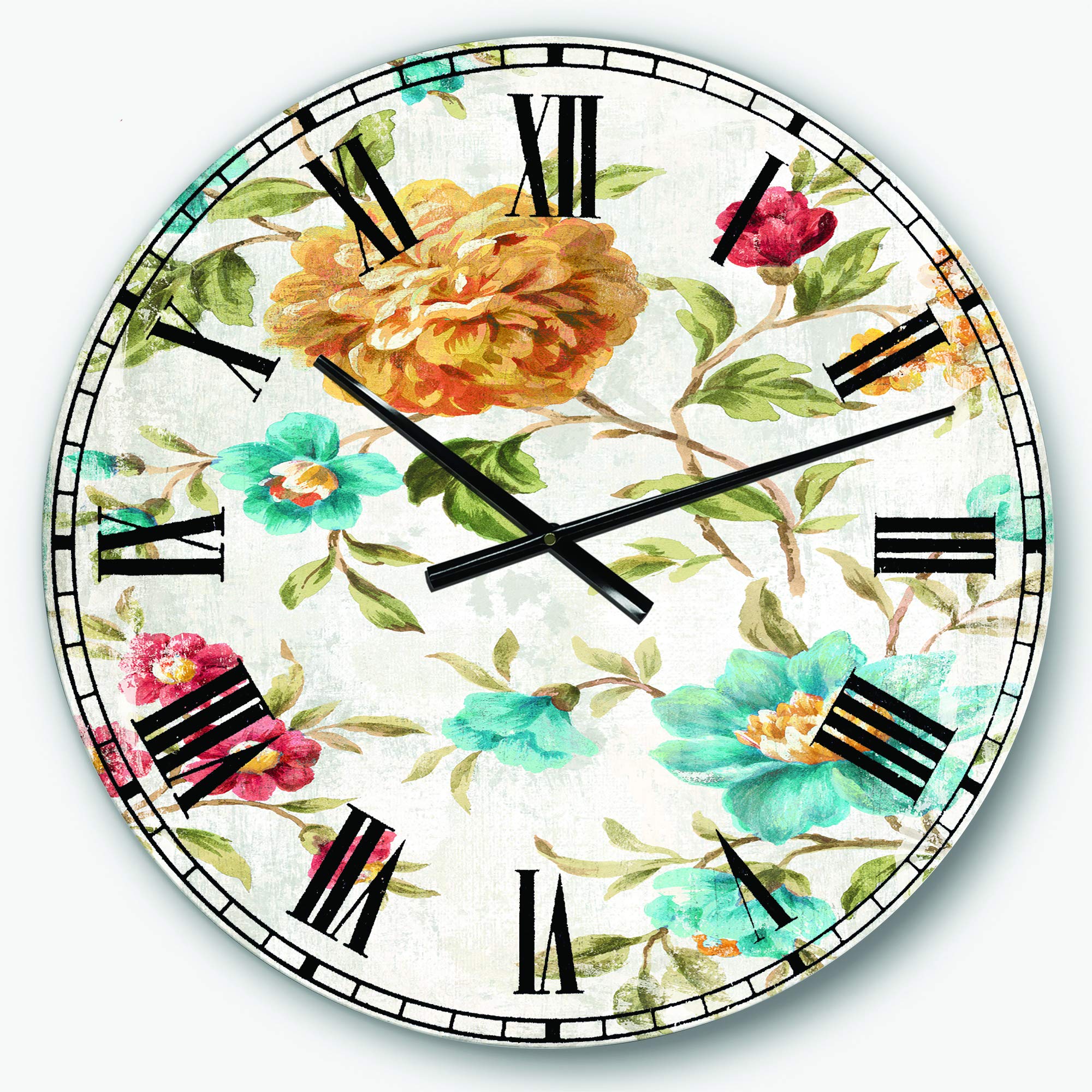 Designart Golden Flowers Metal Wall Clock - Round Cabin & Lodge Decor for Home, Living Room, Bedroom, Office | Vintage Decorative Wall Art for Rustic, Farmhouse & Modern Interiors