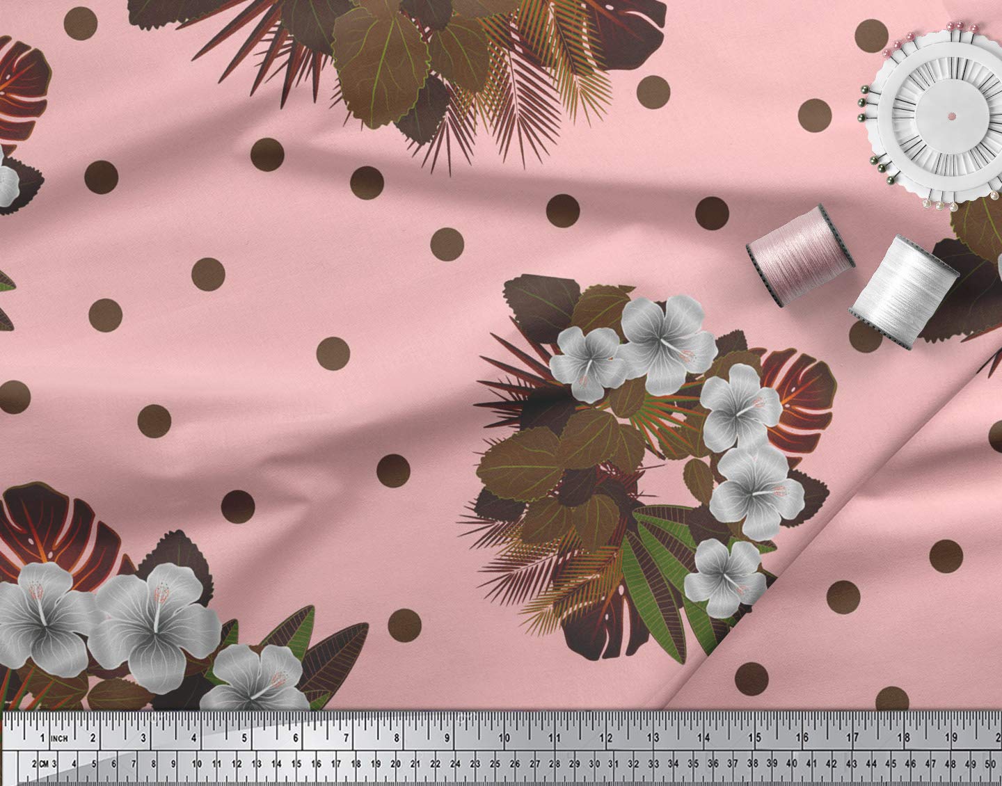Soimoi Moss Georgette Pink Fabric by The Yard - 42 Inch Wide Floral Printed Fabric with Dot & Leaves Design - Lightweight Fashion & Craft Material for Dresses, Scarves, DIY Projects & Home Decor