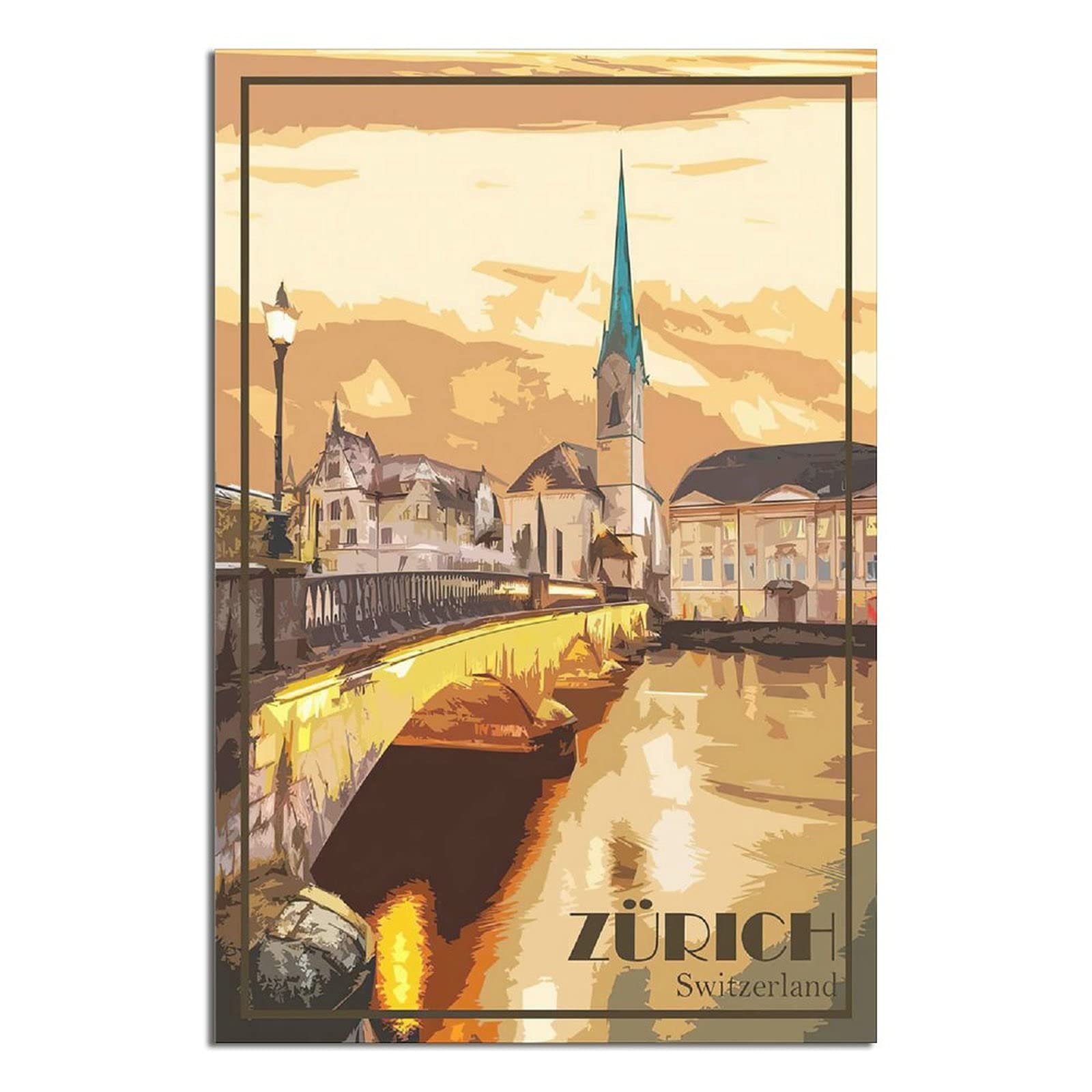 Vintage Travel Poster Zurich Switzerland - Retro Wall Art for Office & Bedroom Decor - Scenic Swiss Landscape Painting Picture - Perfect for Home, Office & Cafe Wall Decoration