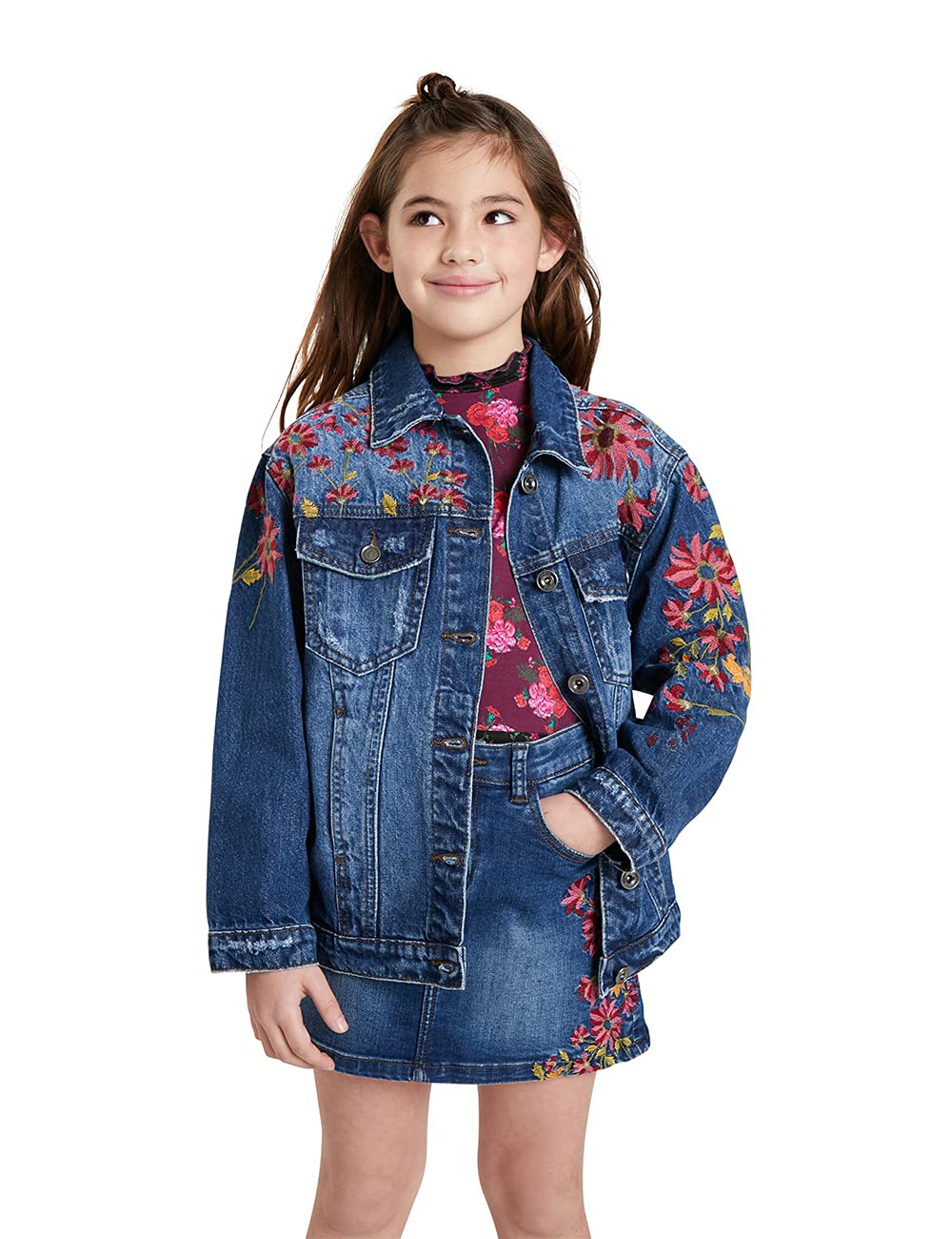 Desigual Girls Denim Jacket - Stylish Distressed Denim Jacket for Teen Girls | Trendy Lightweight Jacket for School, Outings & Casual Wear