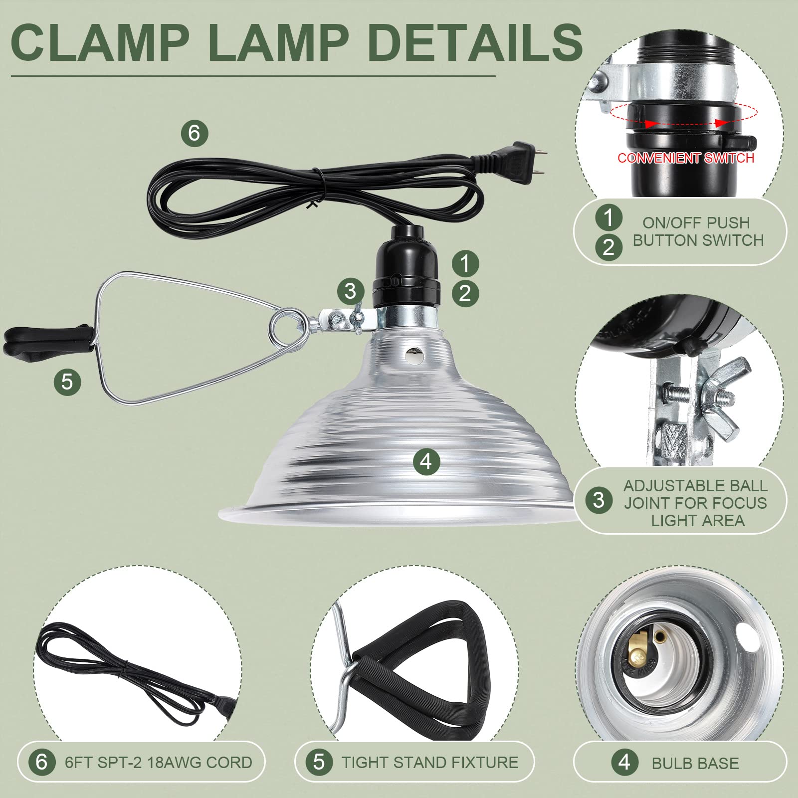 Macarrie 12 Pack Clamp Lamp Light with Aluminum Reflector - 8.5 Inch E26 Socket Fixture, 6ft SPT-2 18awg Cord & Adjustable Stand (150W Max, Bulb Not Included) - Perfect for Home Studios, Workshops, Reptile Terrariums & Plant Grow Lights