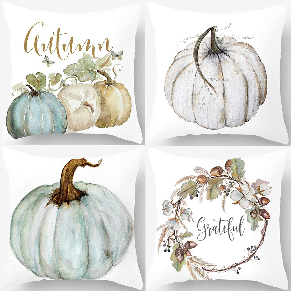 Autumn Pumpkin Pillow Covers Set of 4 - 18x18 Inch Fall Home Decor for Thanksgiving, Harvest Season & Cozy Living Room - Grateful Thanksgiving Throw Pillow Cases for Couch, Sofa & Bed Decorations