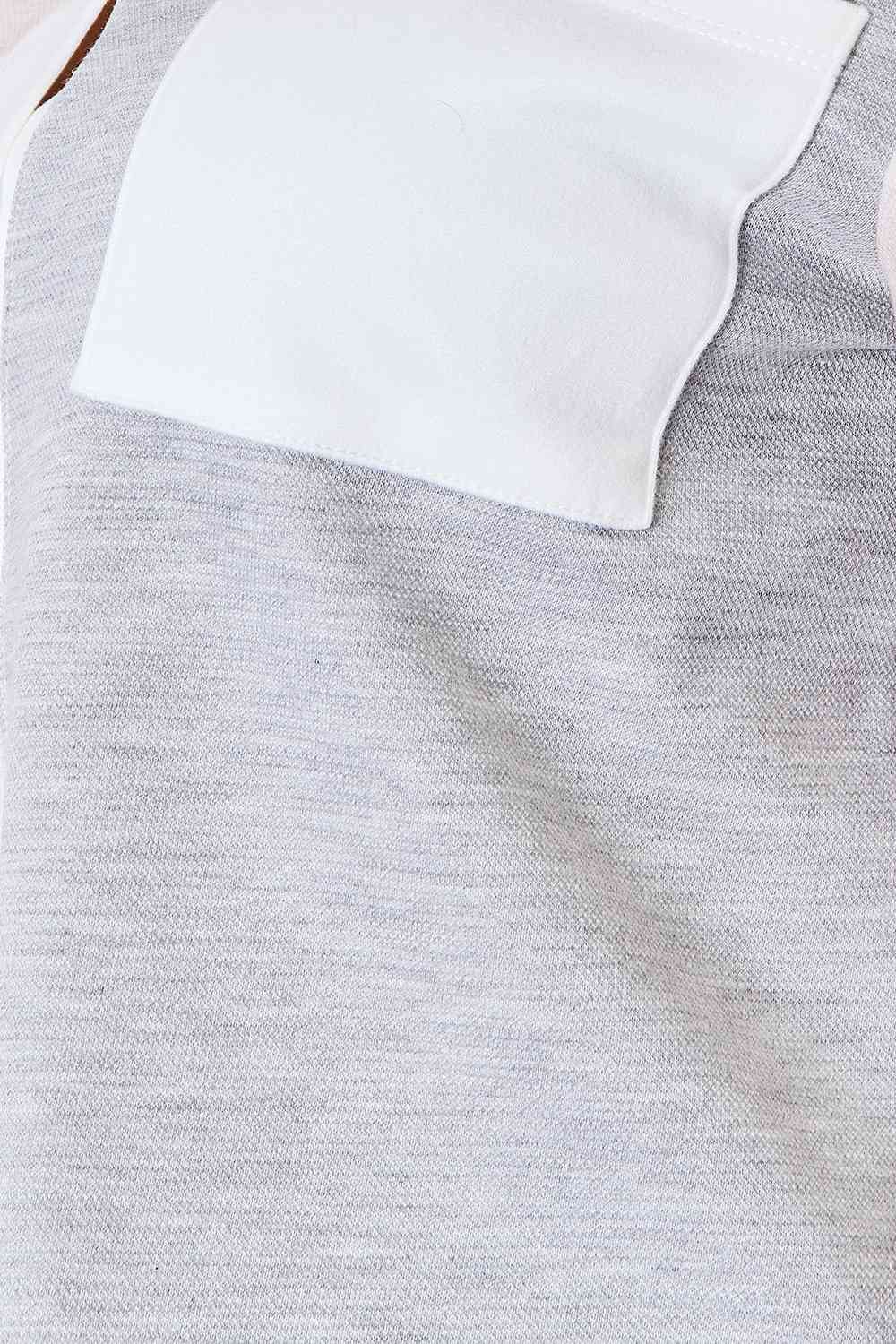 Light Grey Color Block Curved Hem Shirt for Women - Stylish Casual Blouse for Everyday Wear | Perfect for Office, Dating & Weekend Outfits